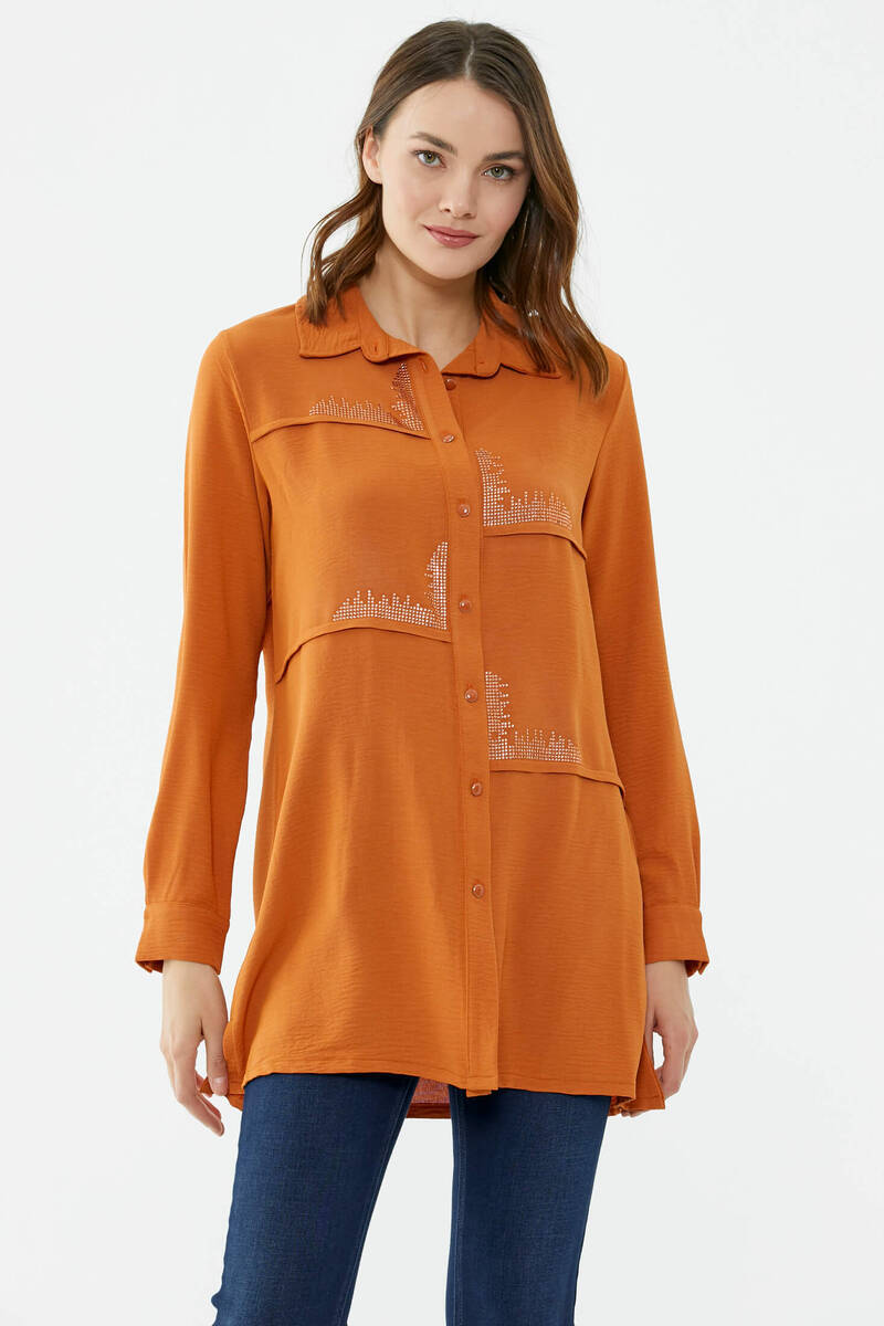 Parçalı Taş Detaylı Uzun Krep Gömlek - Tarçın (1) Sementa