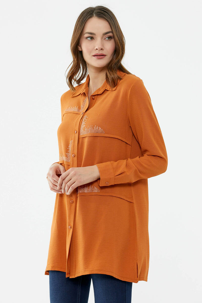 Parçalı Taş Detaylı Uzun Krep Gömlek - Tarçın (2) Sementa