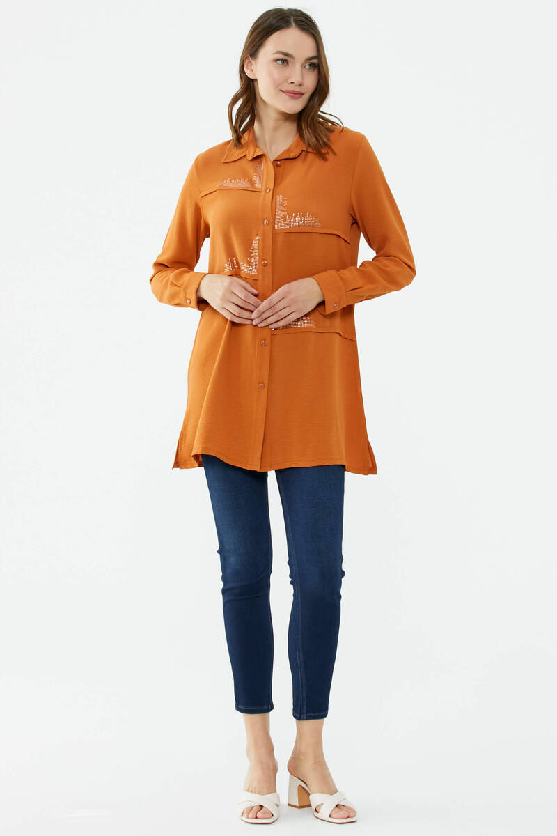 Parçalı Taş Detaylı Uzun Krep Gömlek - Tarçın (3) Sementa