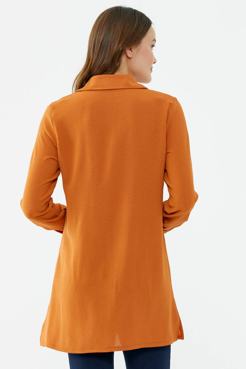 Parçalı Taş Detaylı Uzun Krep Gömlek - Tarçın (4) Sementa