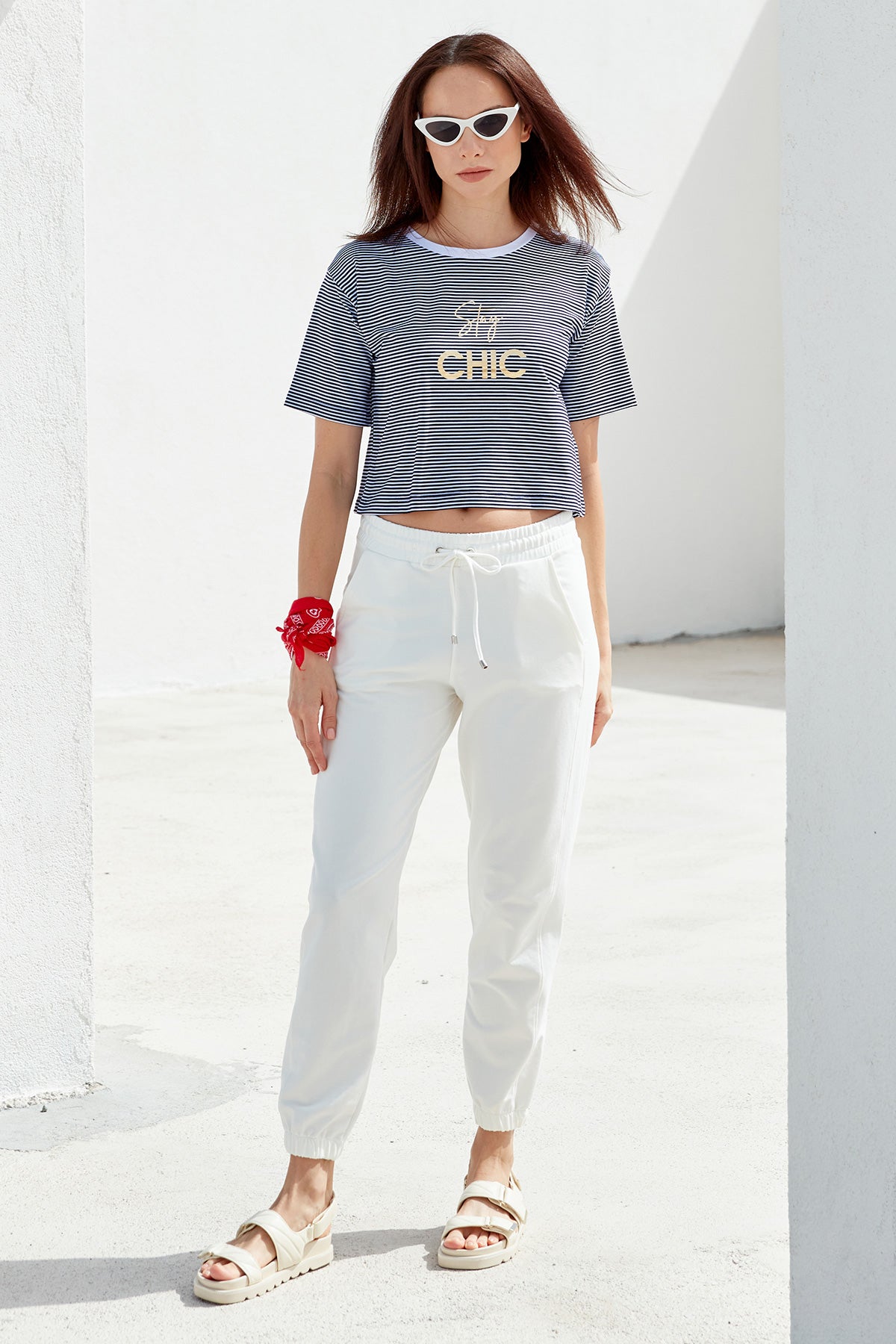 Parlak Baskılı Çizgili Crop Tişört - Lacivert (1) Sementa