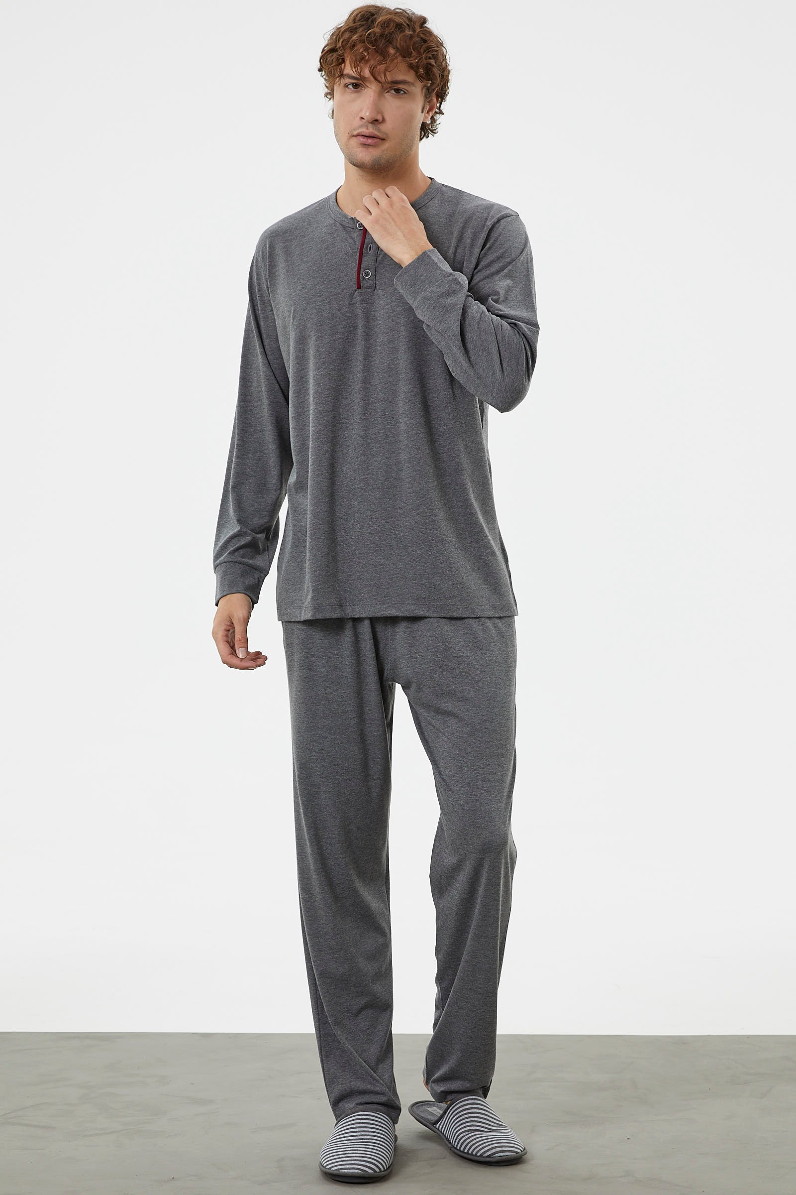 Patlı Çift Renk Düğmeli Pijama Takımı - Antrasit (2) Sementa