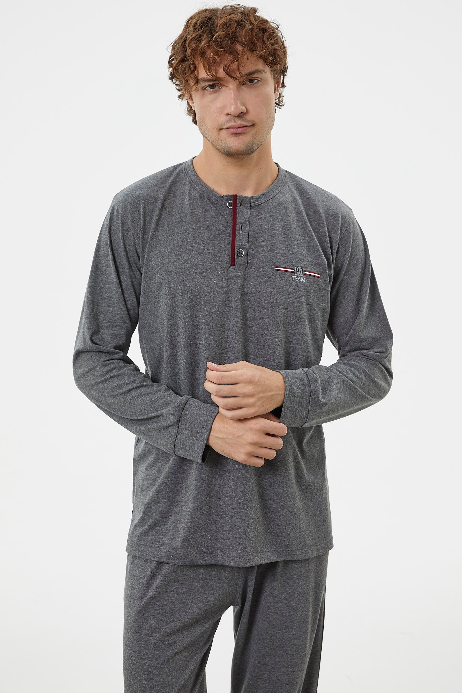 Patlı Çift Renk Düğmeli Pijama Takımı - Antrasit (3) Sementa