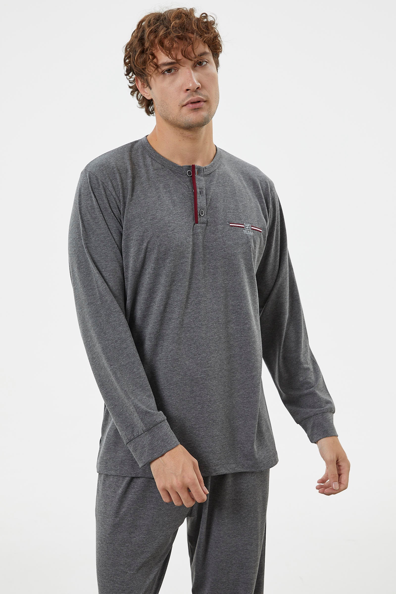 Patlı Çift Renk Düğmeli Pijama Takımı - Antrasit (4) Sementa