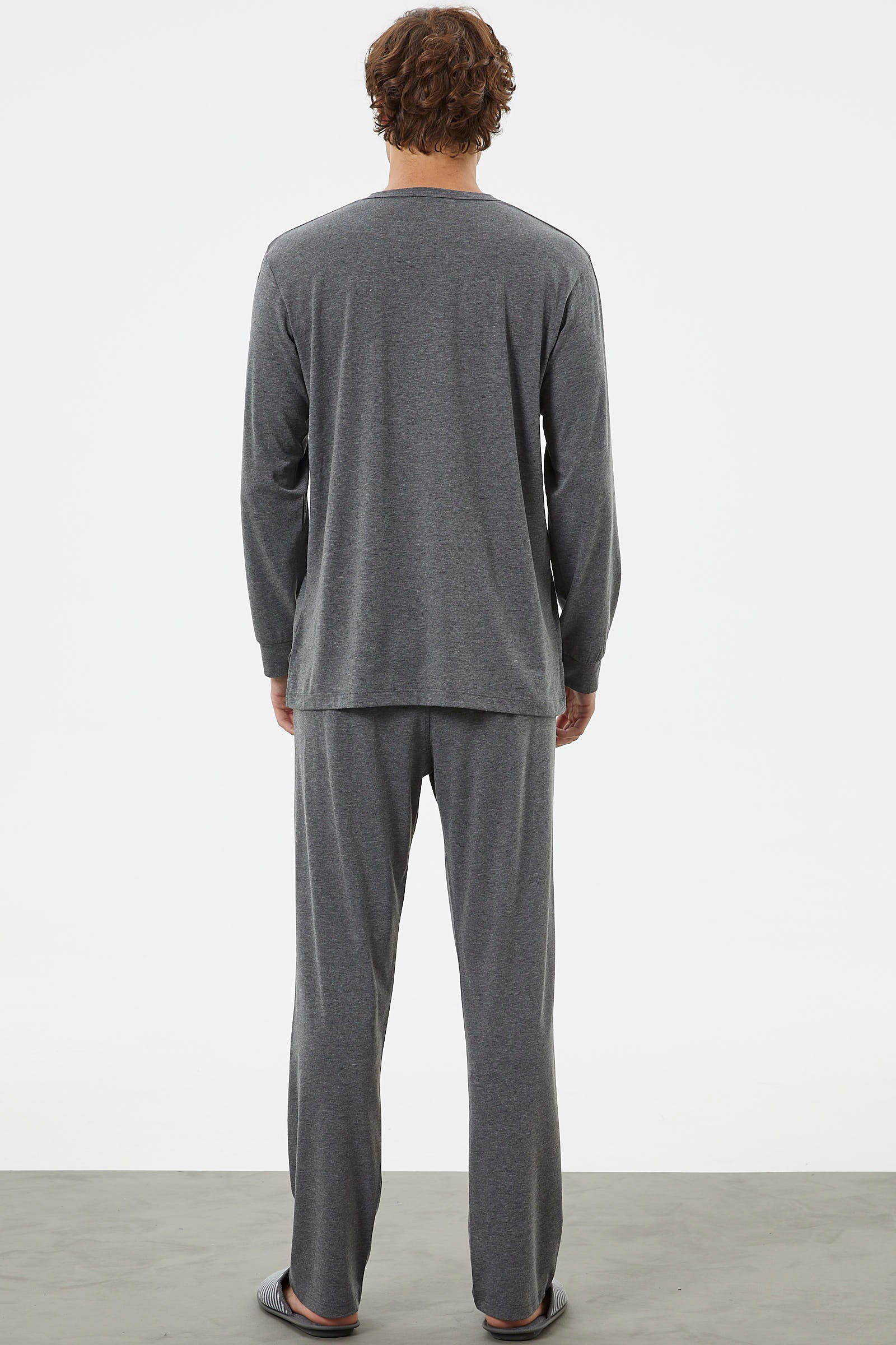 Patlı Çift Renk Düğmeli Pijama Takımı - Antrasit (5) Sementa