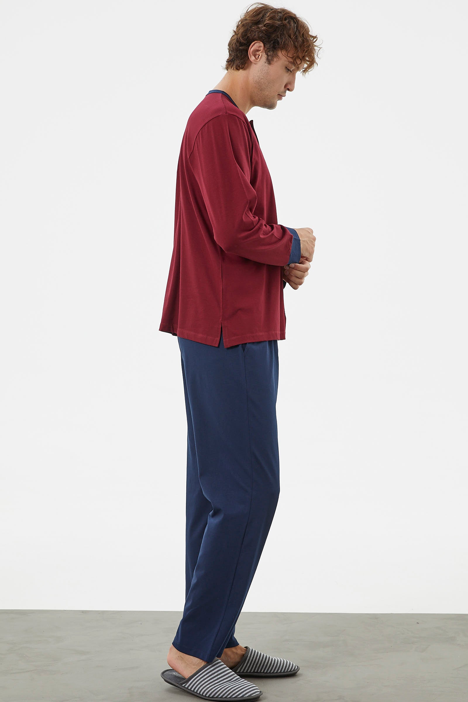 Patlı Çift Renk Düğmeli Pijama Takımı - Bordo (3) Sementa