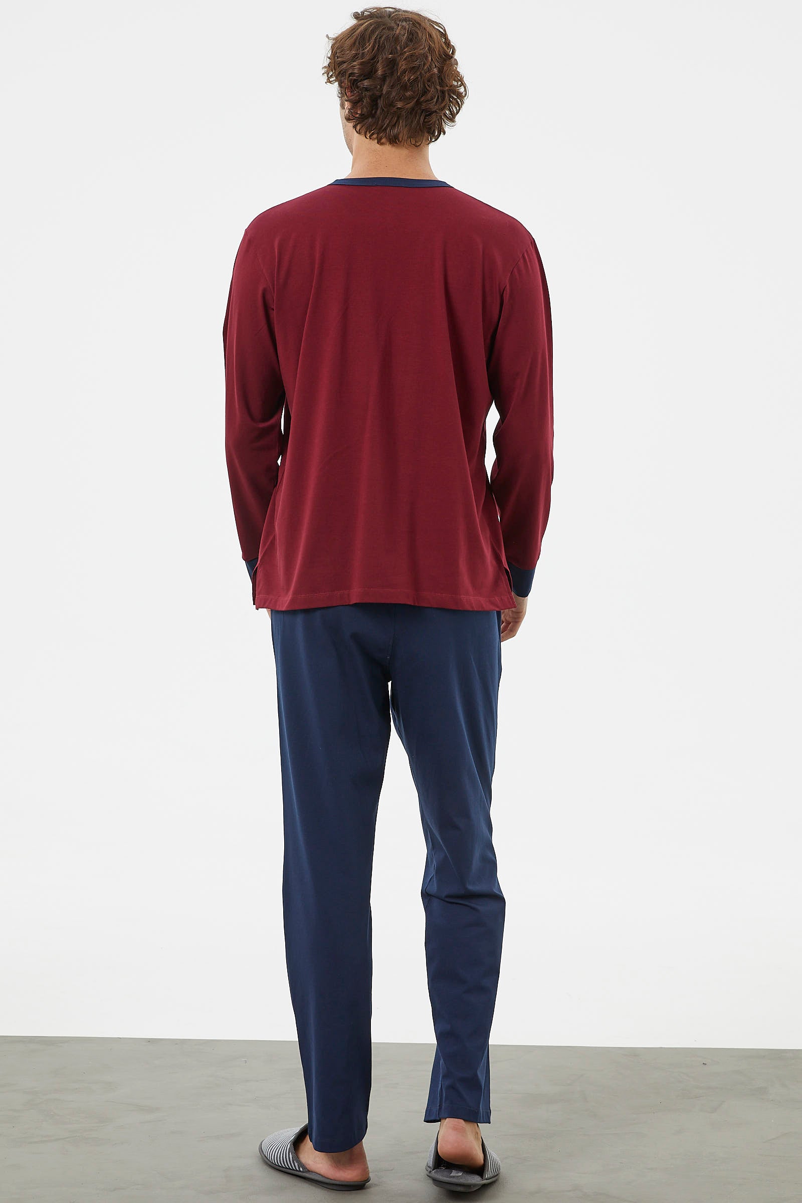 Patlı Çift Renk Düğmeli Pijama Takımı - Bordo (5) Sementa