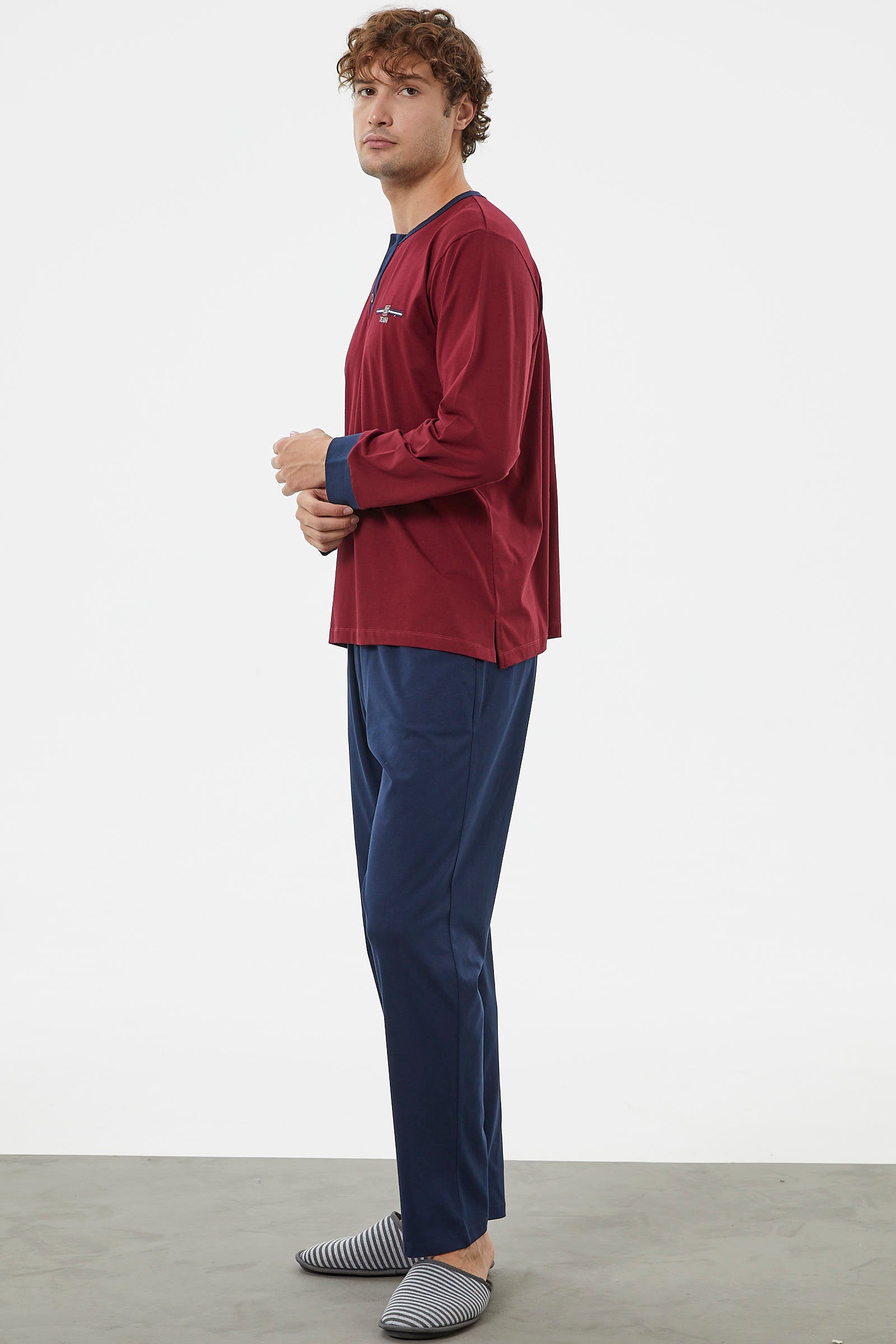 Patlı Çift Renk Düğmeli Pijama Takımı - Bordo (4) Sementa