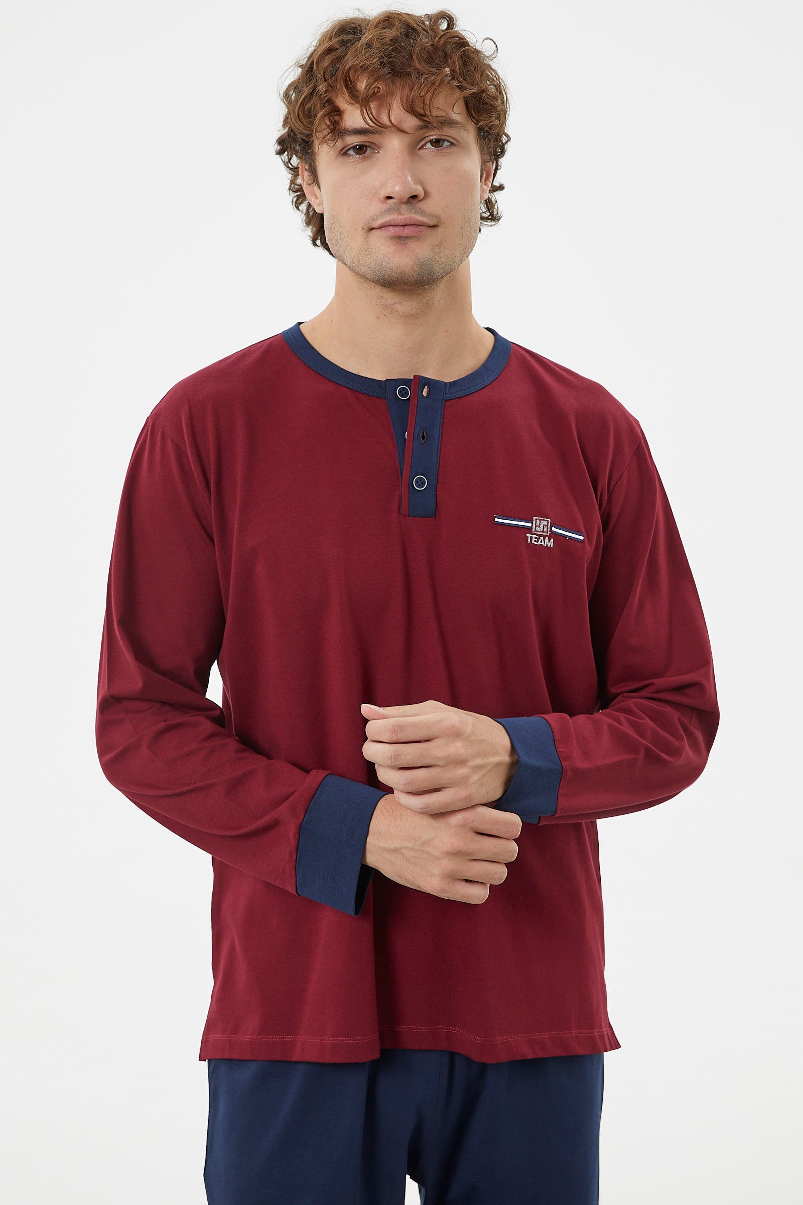 Patlı Çift Renk Düğmeli Pijama Takımı - Bordo (2) Sementa