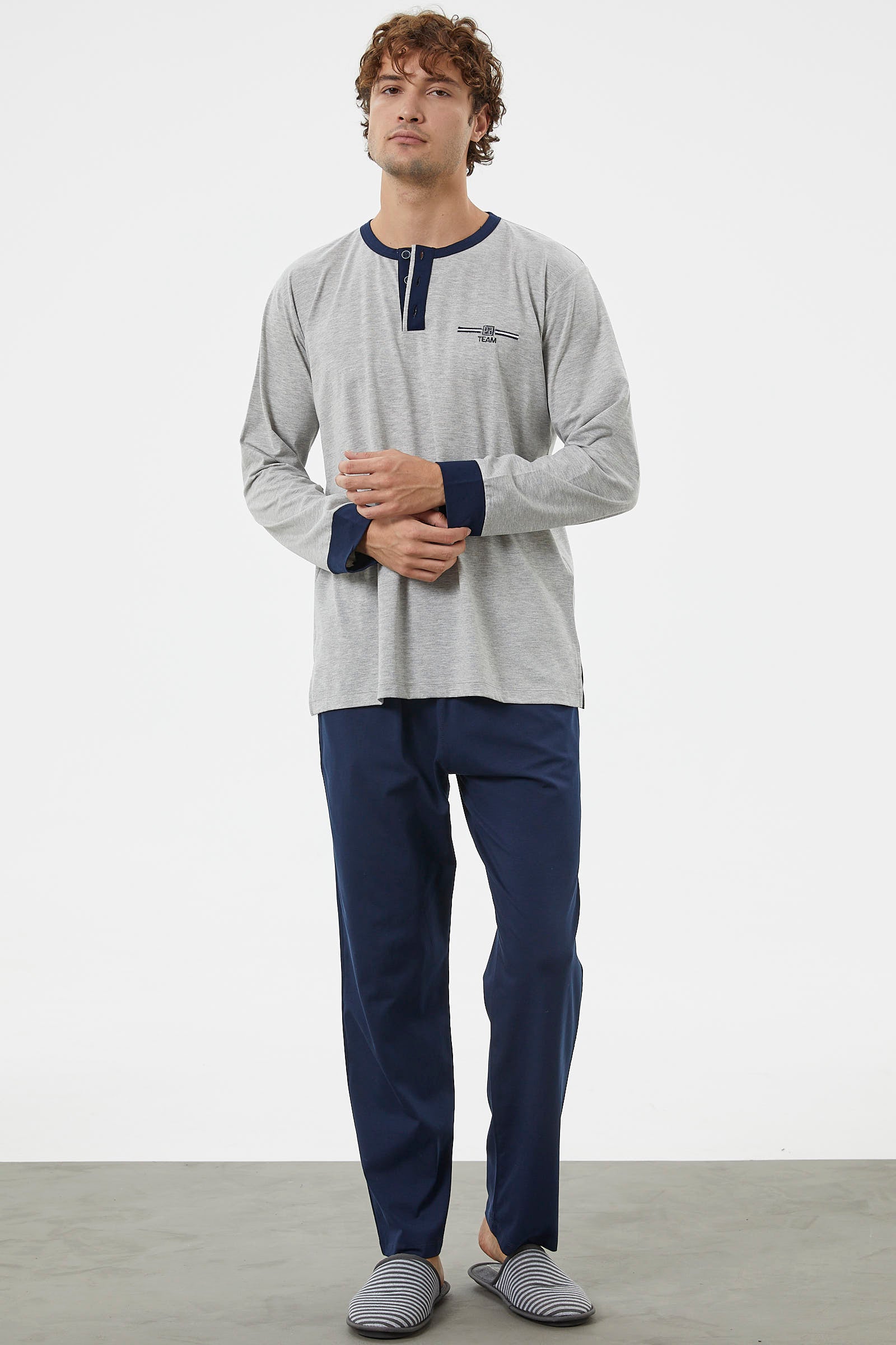 Patlı Çift Renk Düğmeli Pijama Takımı - Gri (2) Sementa