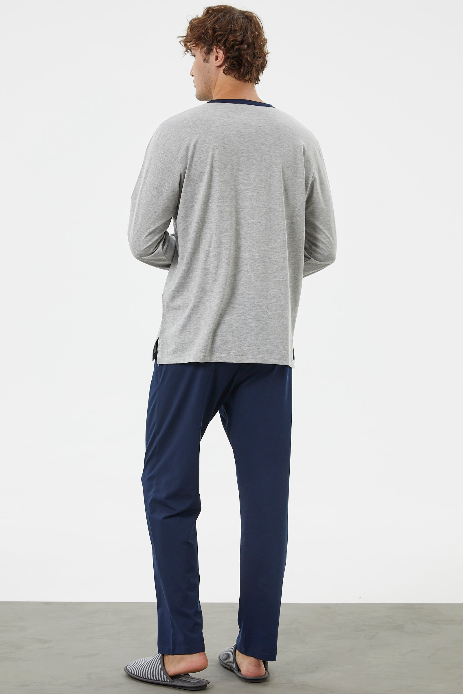 Patlı Çift Renk Düğmeli Pijama Takımı - Gri (6) Sementa