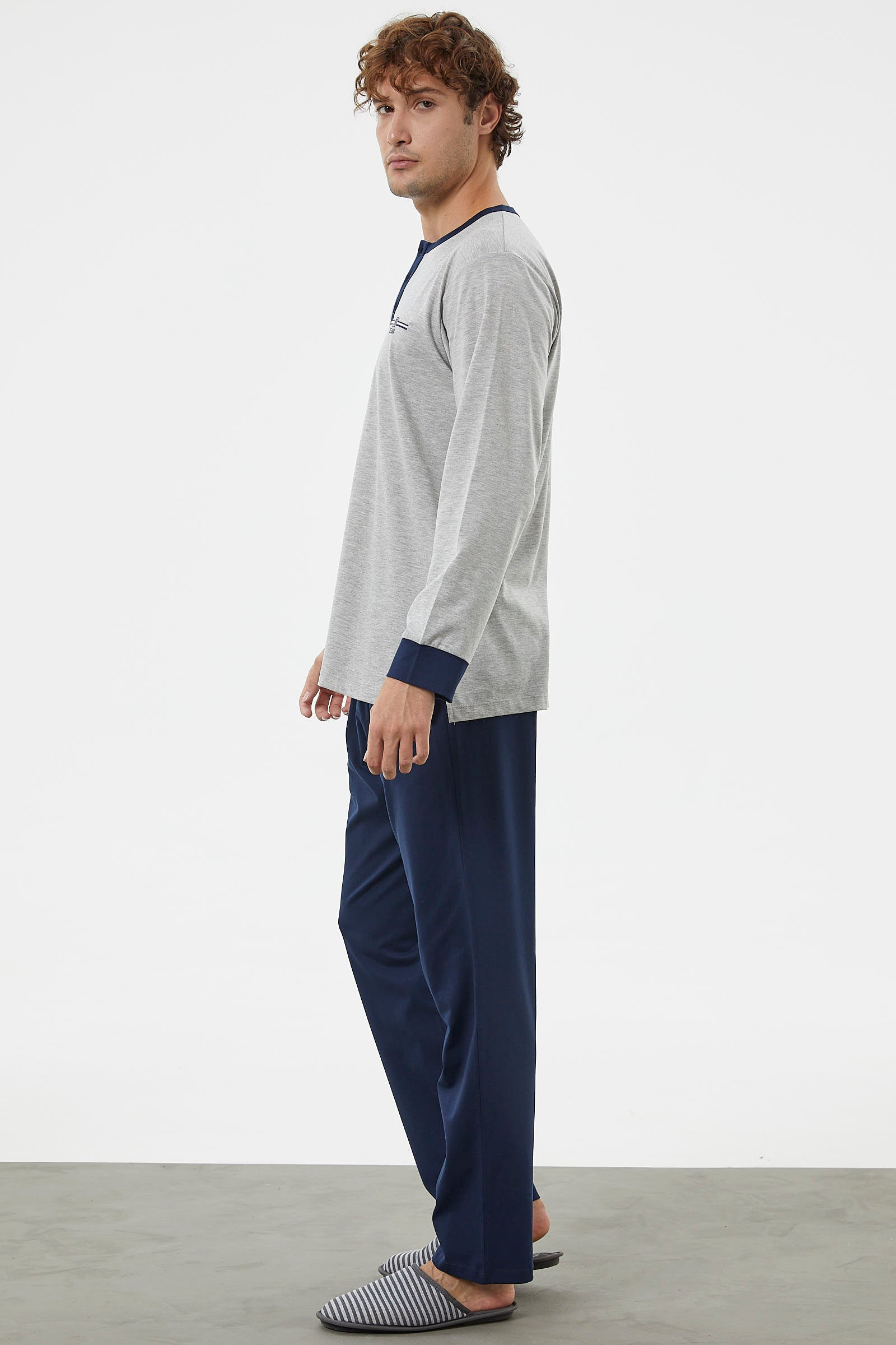 Patlı Çift Renk Düğmeli Pijama Takımı - Gri (5) Sementa