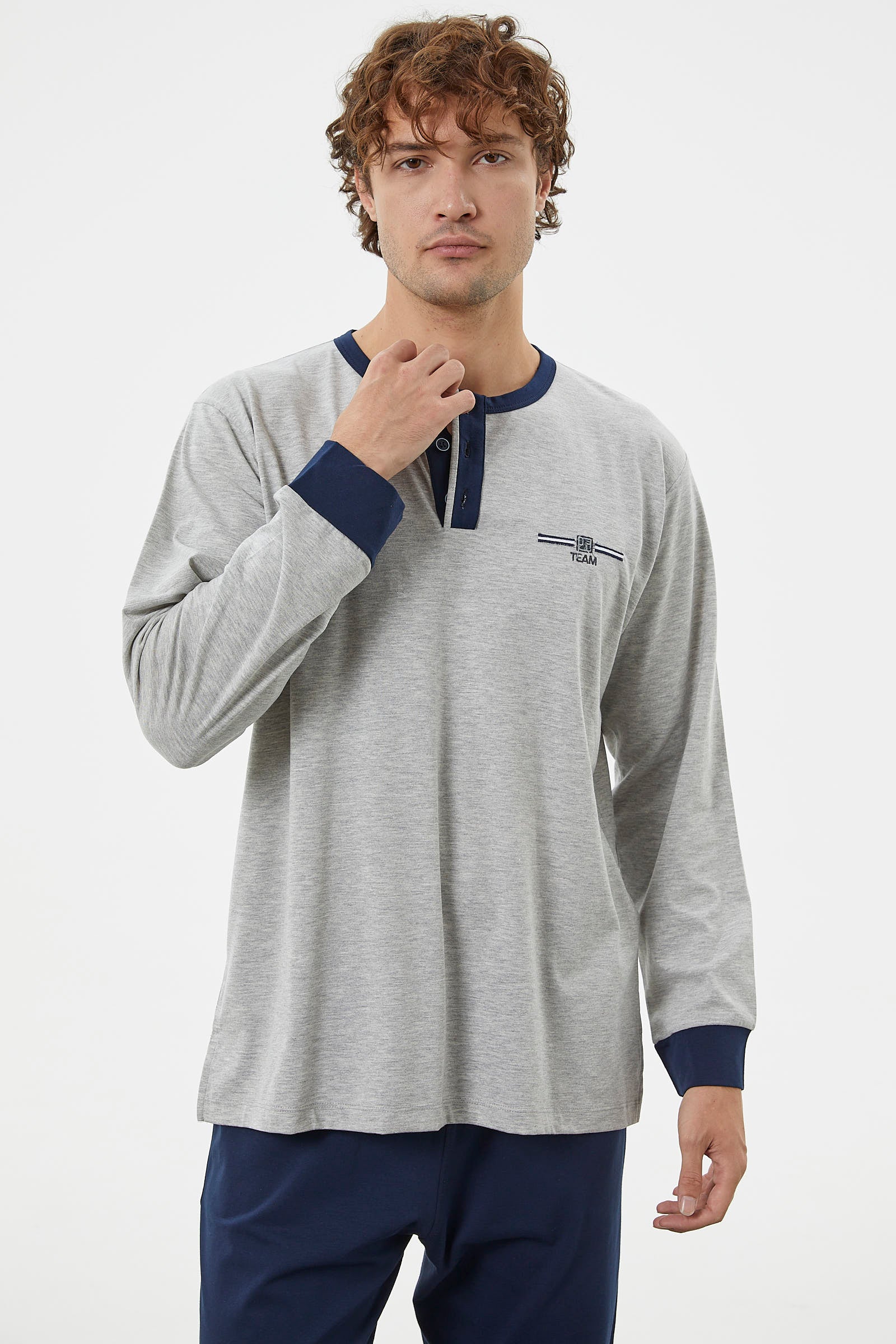 Patlı Çift Renk Düğmeli Pijama Takımı - Gri (4) Sementa