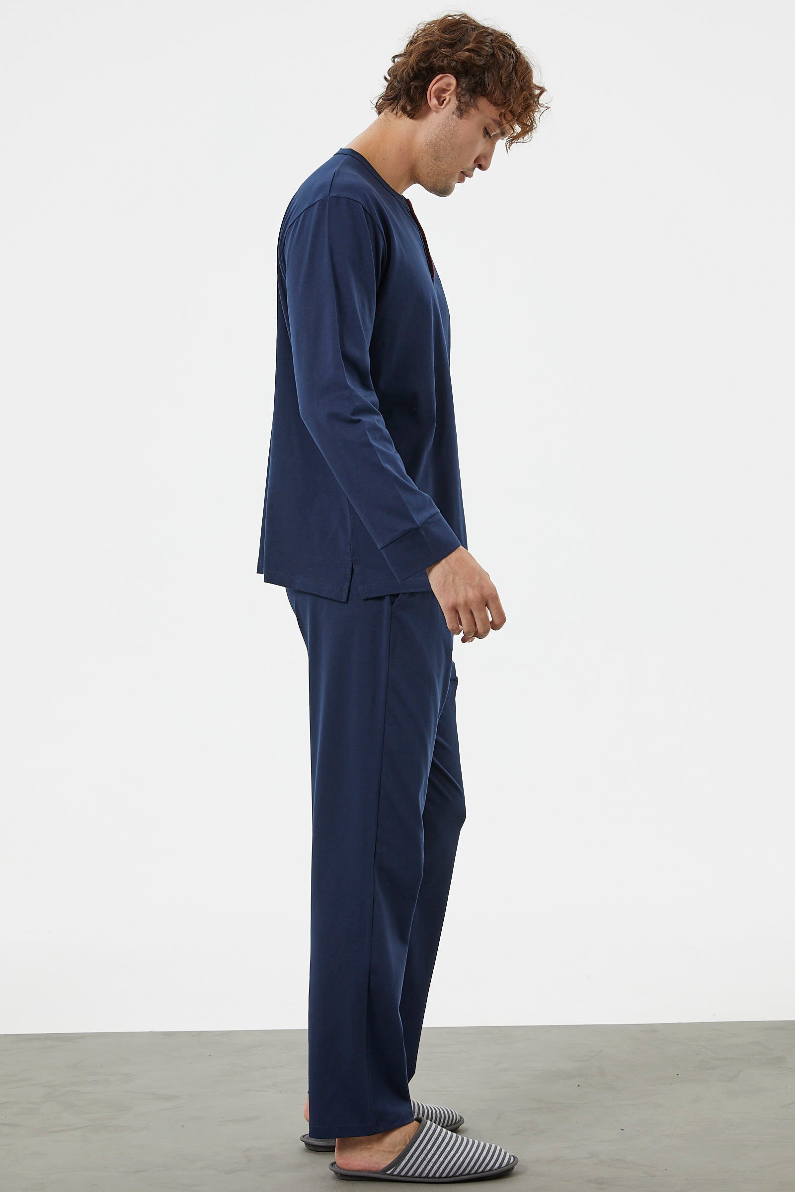 Patlı Çift Renk Düğmeli Pijama Takımı - Lacivert (4) Sementa