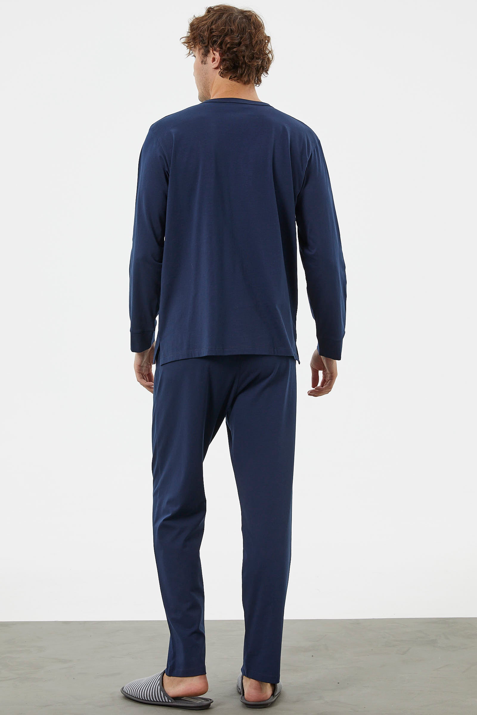 Patlı Çift Renk Düğmeli Pijama Takımı - Lacivert (5) Sementa