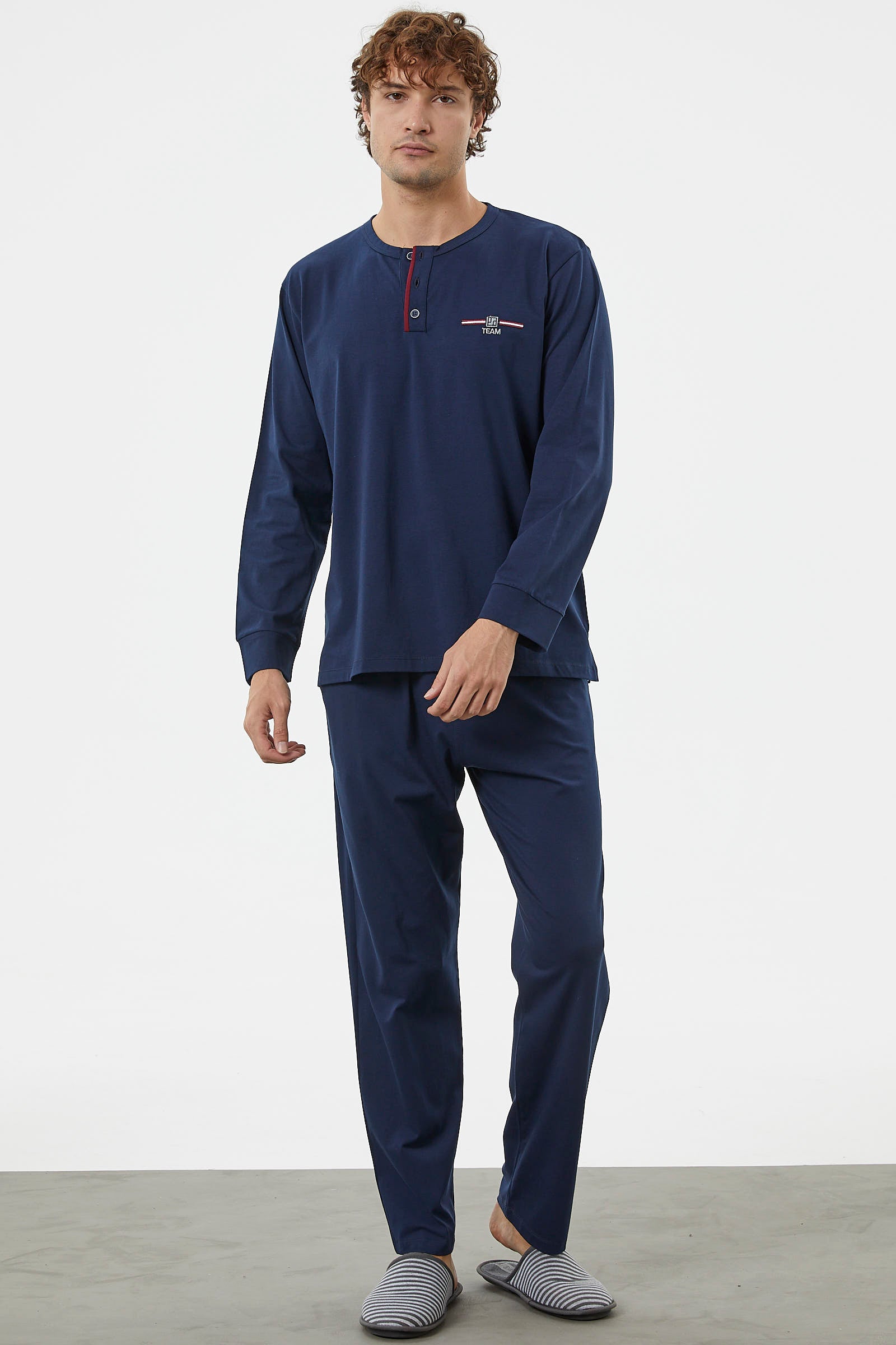 Patlı Çift Renk Düğmeli Pijama Takımı - Lacivert (2) Sementa