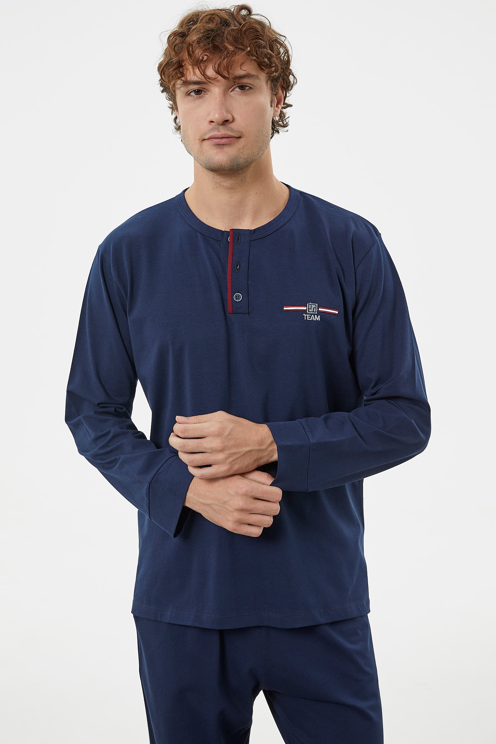 Patlı Çift Renk Düğmeli Pijama Takımı - Lacivert (3) Sementa