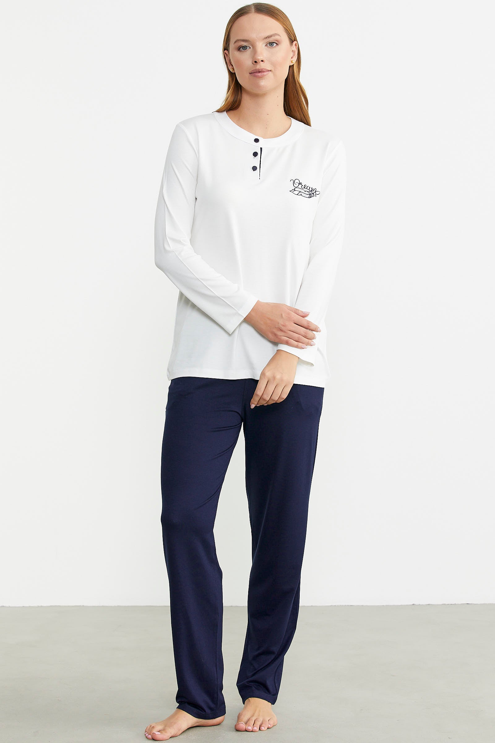 Patlı Düğmeli Desen Kombinli Pijama Takım - Lacivert - Sementa