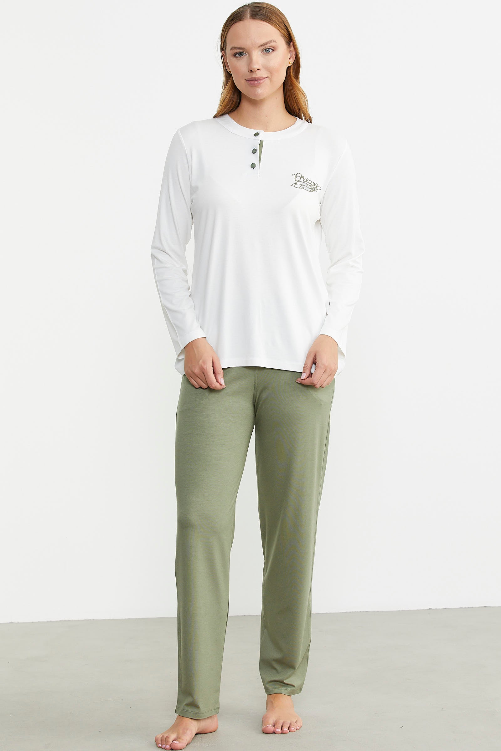 Patlı Düğmeli Desen Kombinli Pijama Takım - Yeşil - Sementa