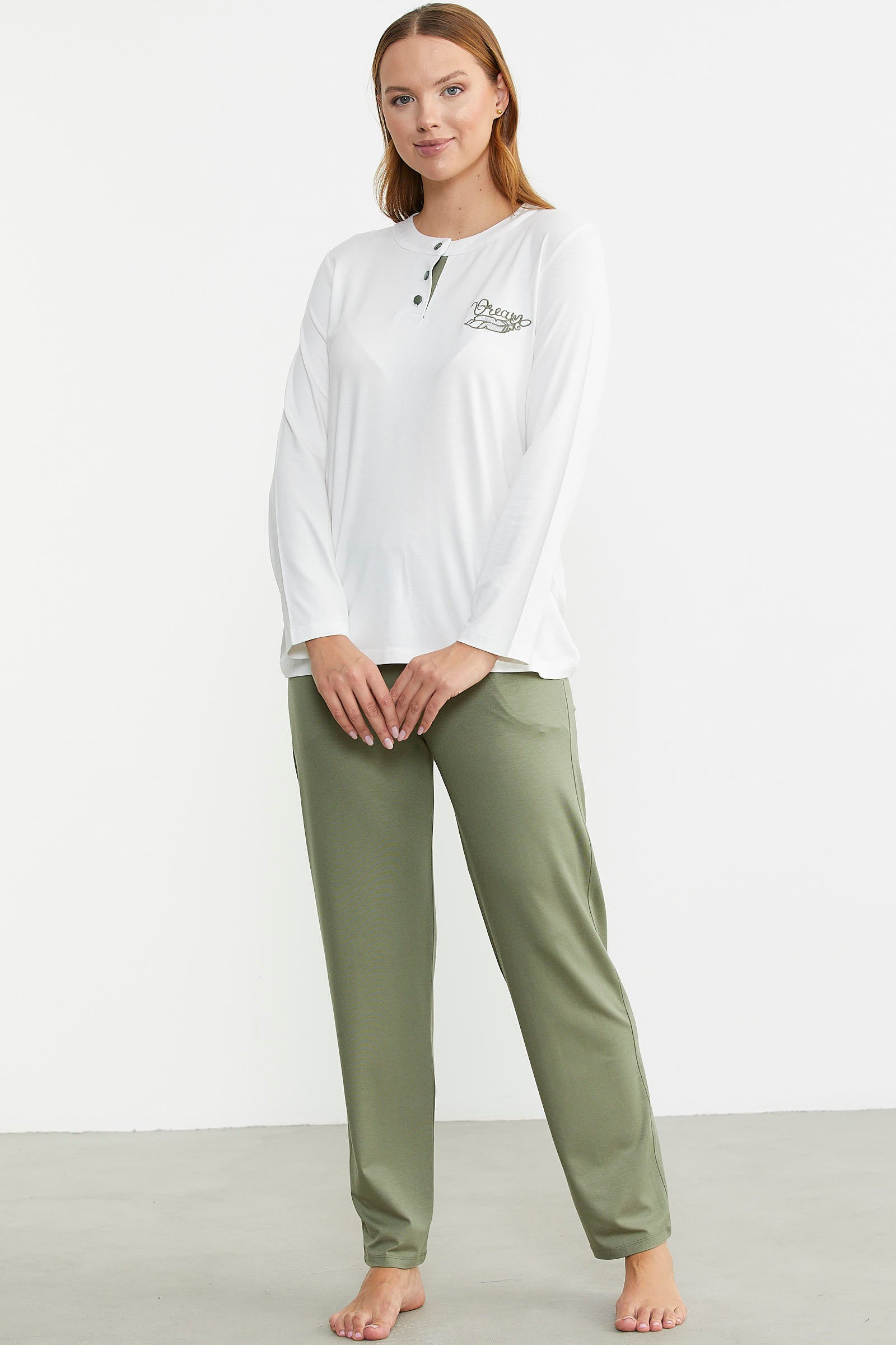 Patlı Düğmeli Desen Kombinli Pijama Takım - Yeşil - Sementa