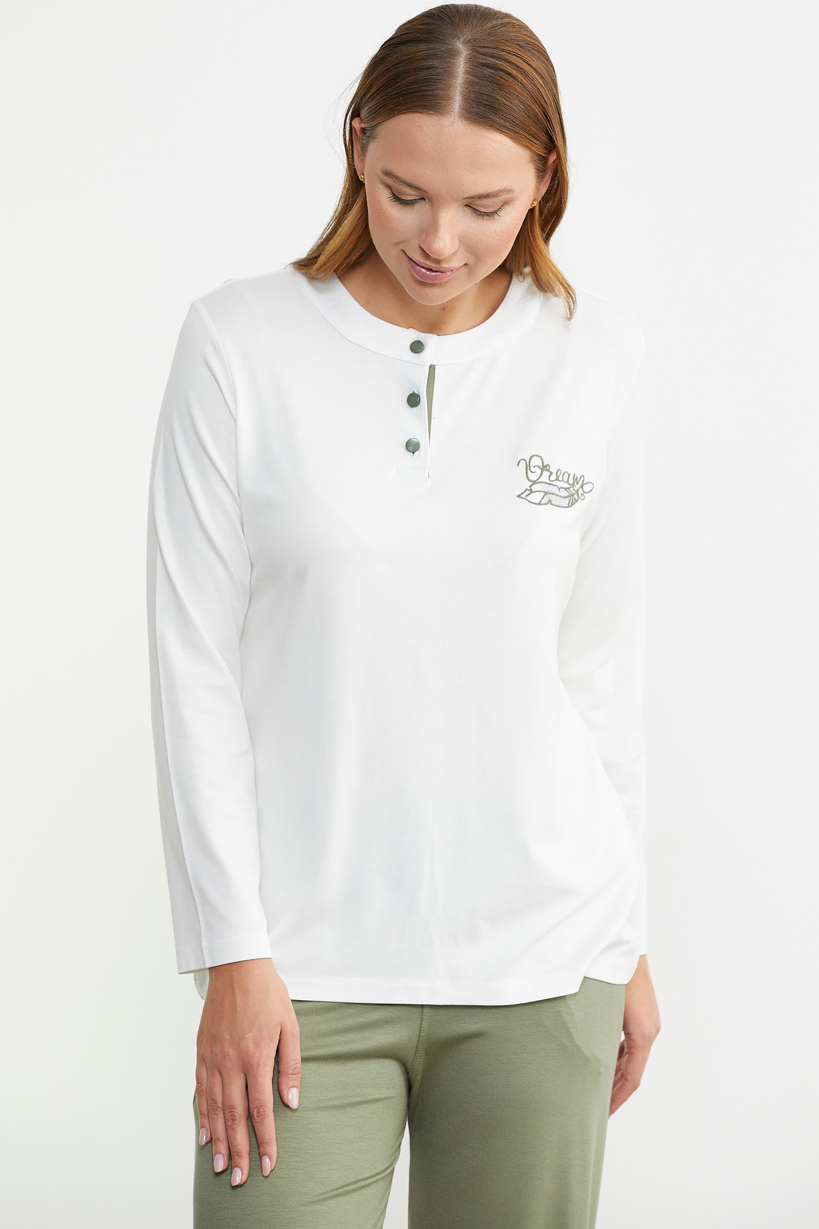 Patlı Düğmeli Desen Kombinli Pijama Takım - Yeşil - Sementa