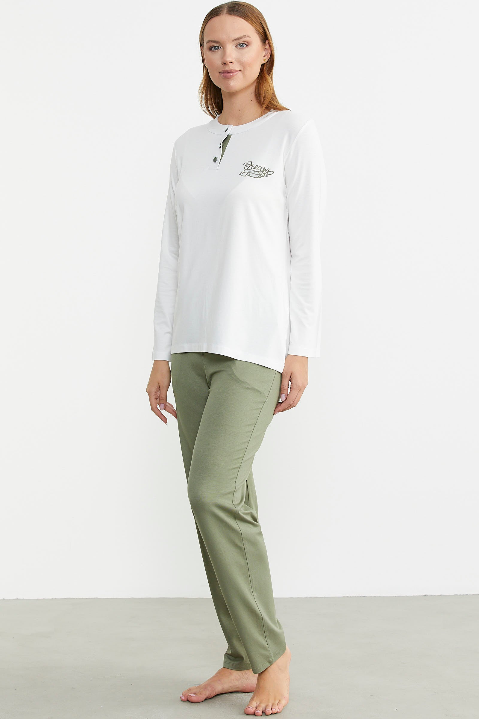 Patlı Düğmeli Desen Kombinli Pijama Takım - Yeşil - Sementa