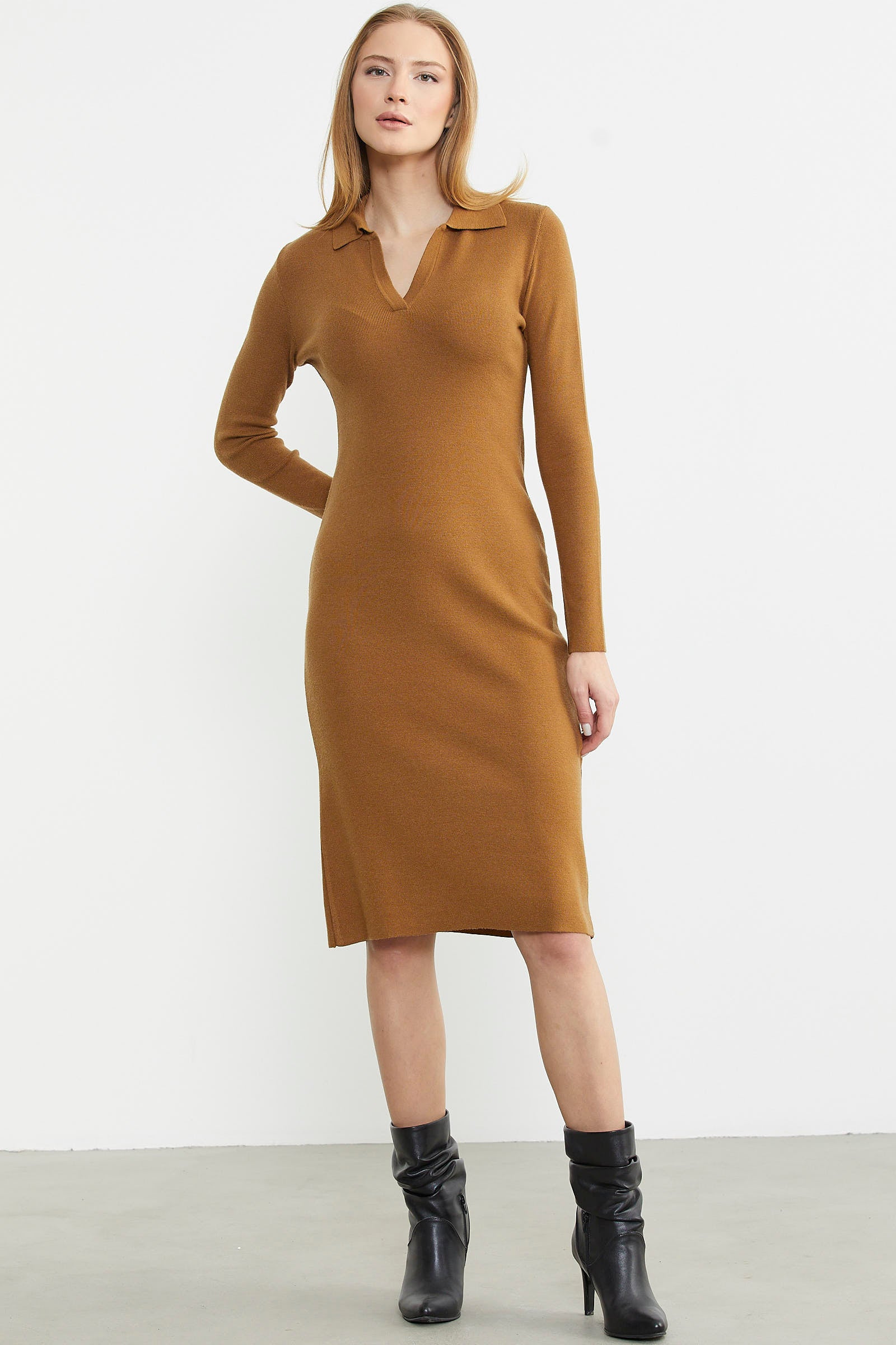 Patlı Polo Yaka Basic Triko Elbise - Kamel - Sementa