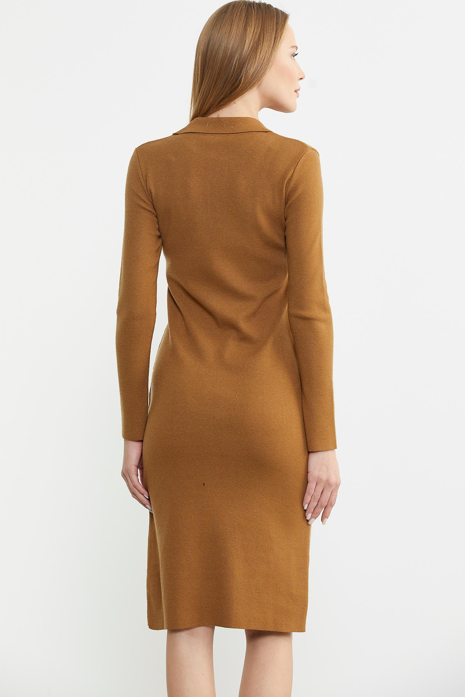 Patlı Polo Yaka Basic Triko Elbise - Kamel - Sementa