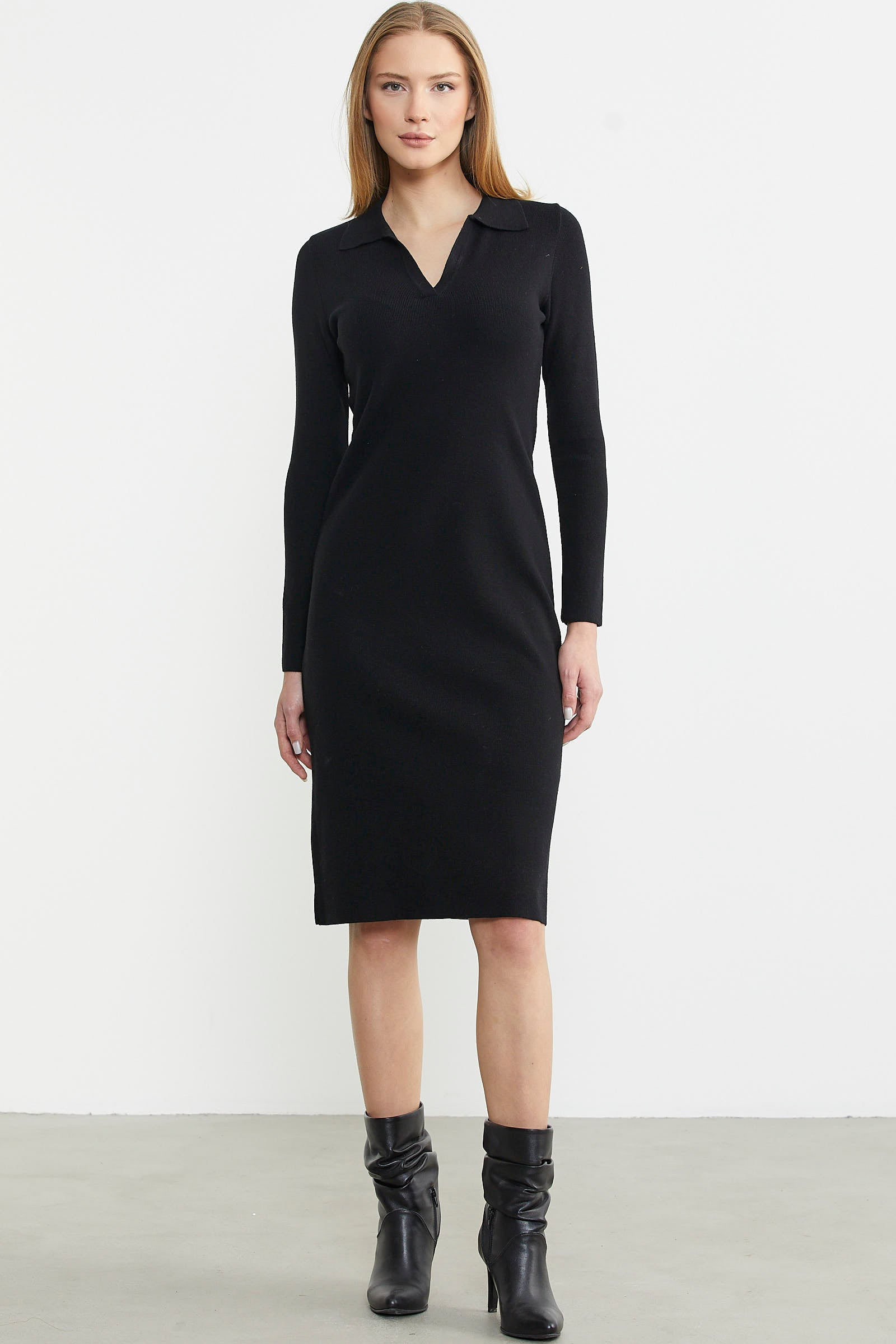 Patlı Polo Yaka Basic Triko Elbise - Siyah - Sementa