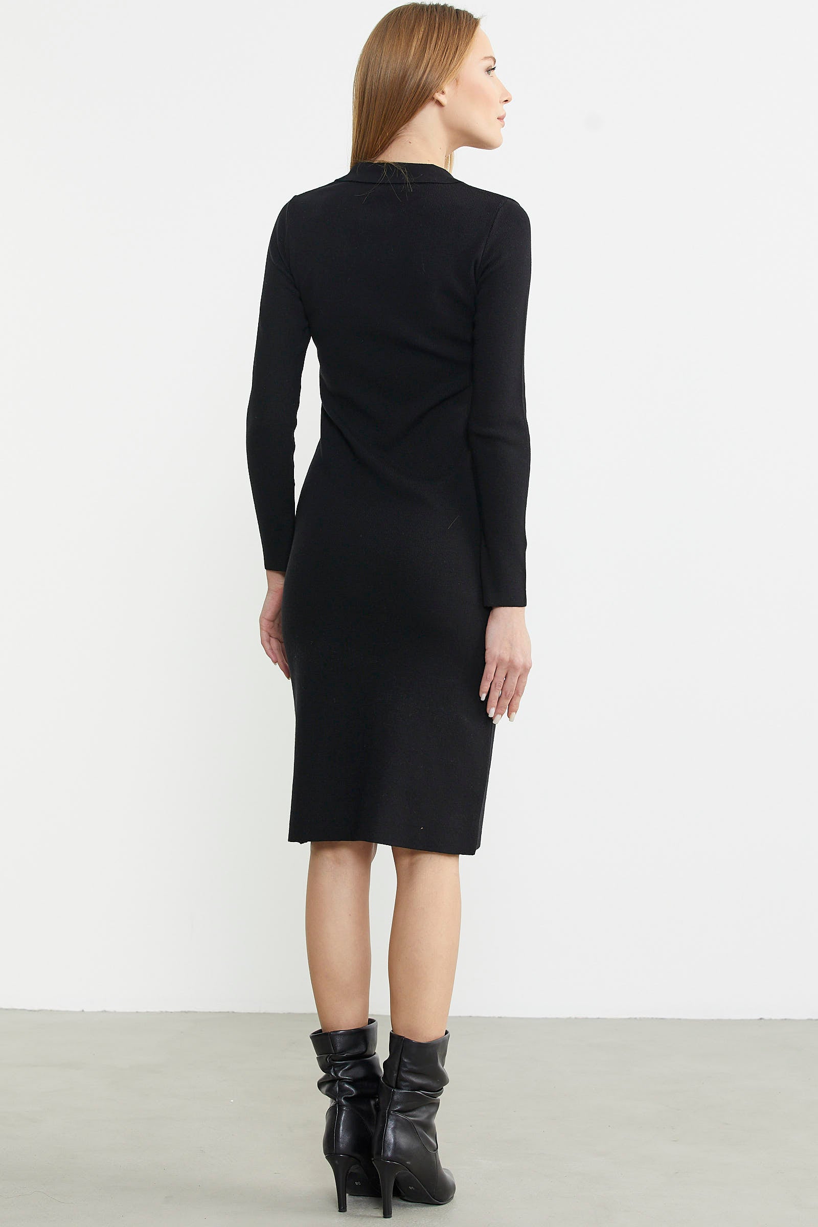 Patlı Polo Yaka Basic Triko Elbise - Siyah - Sementa