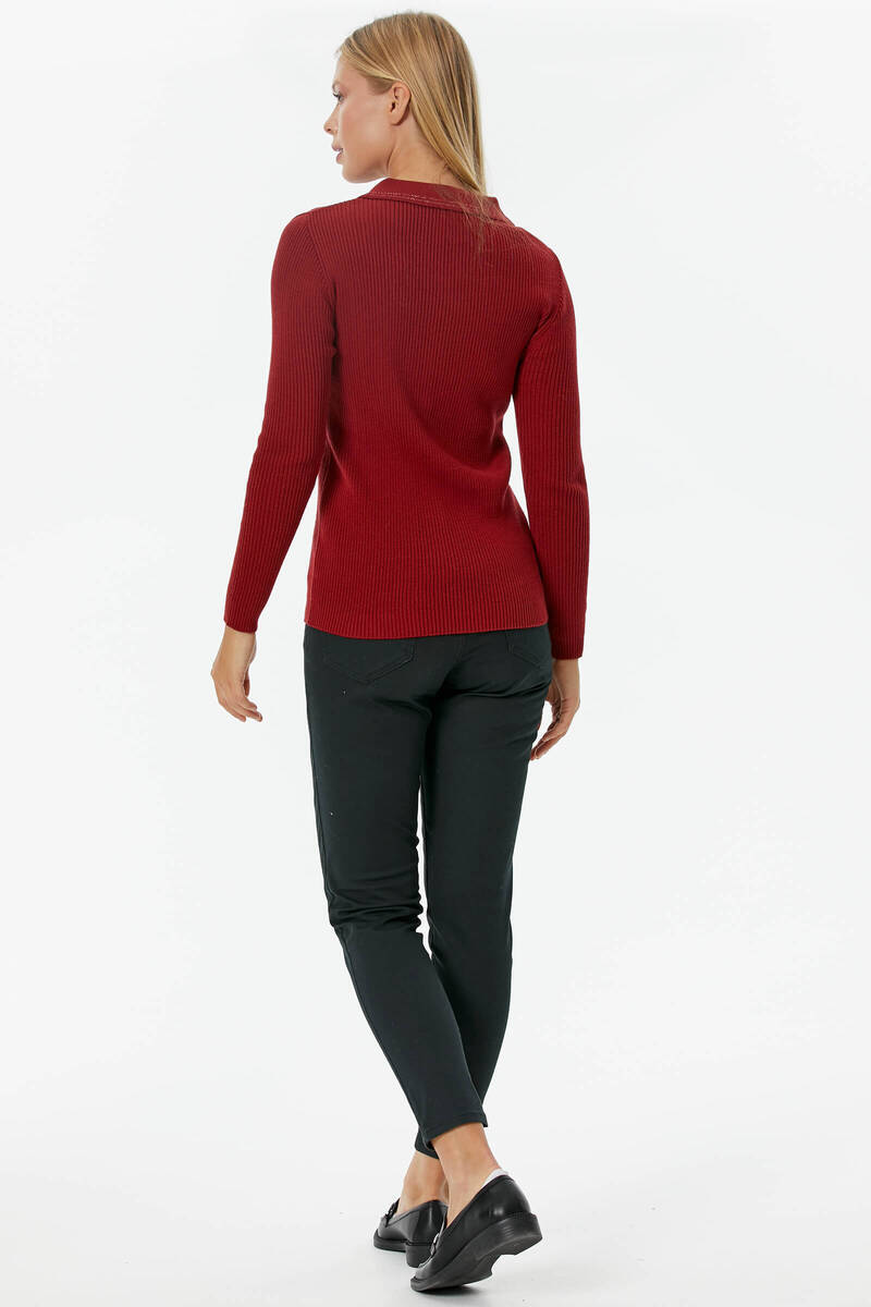 Patlı Polo Yaka Düğmeli Triko Kazak - Kırmızı (4) Sementa