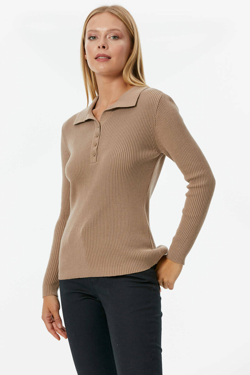Patlı Polo Yaka Düğmeli Triko Kazak - Kum (4) Sementa