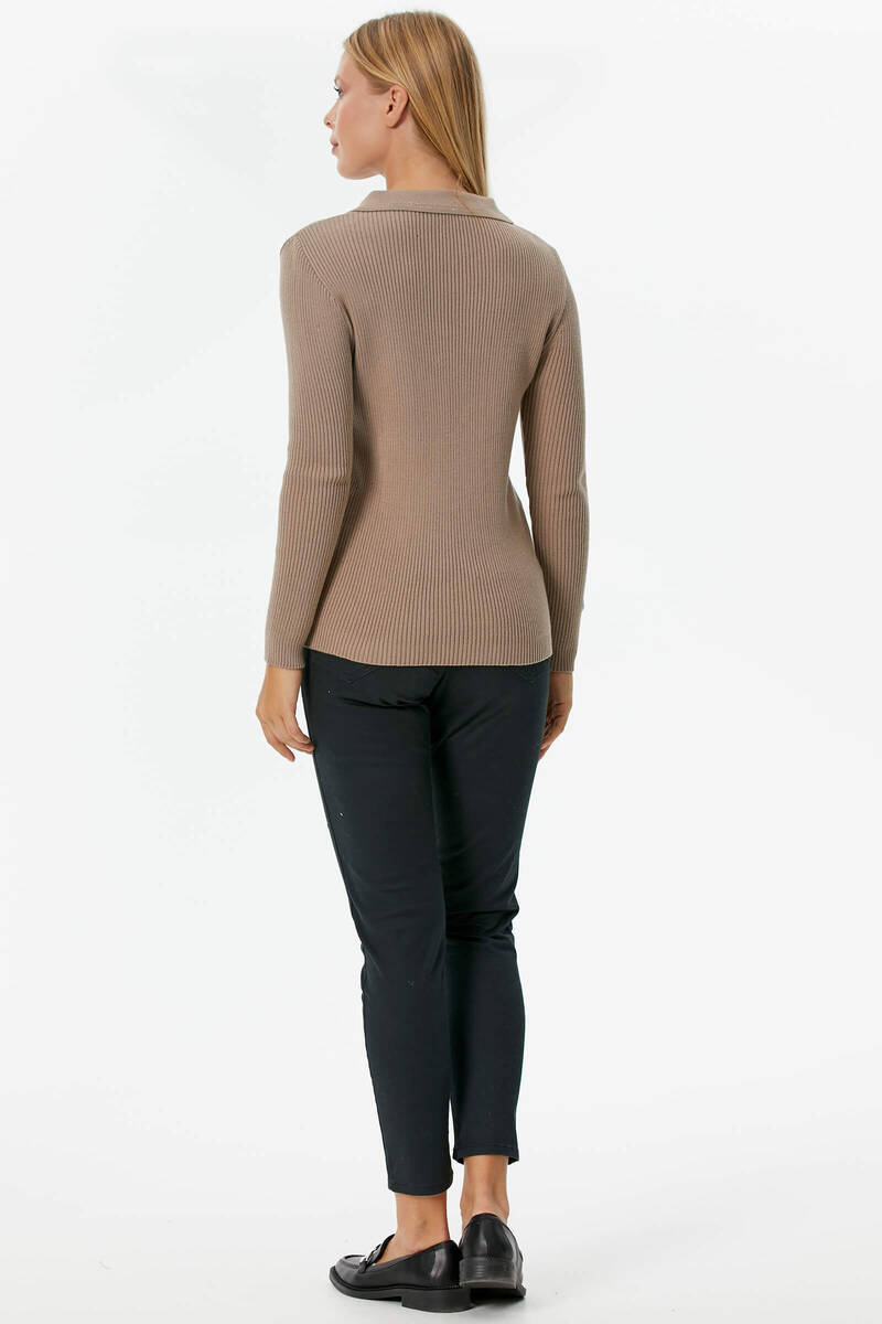 Patlı Polo Yaka Düğmeli Triko Kazak - Kum (5) Sementa