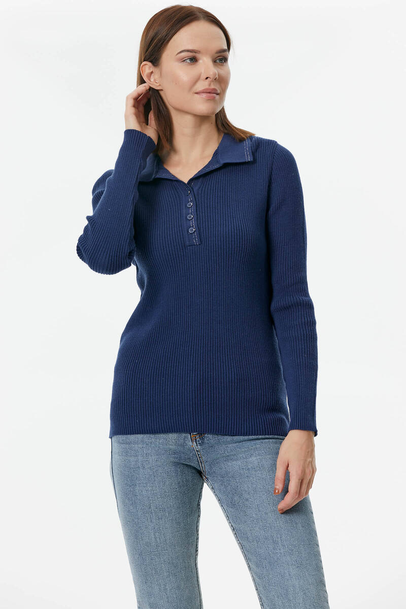 Patlı Polo Yaka Düğmeli Triko Kazak - Lacivert (4) Sementa