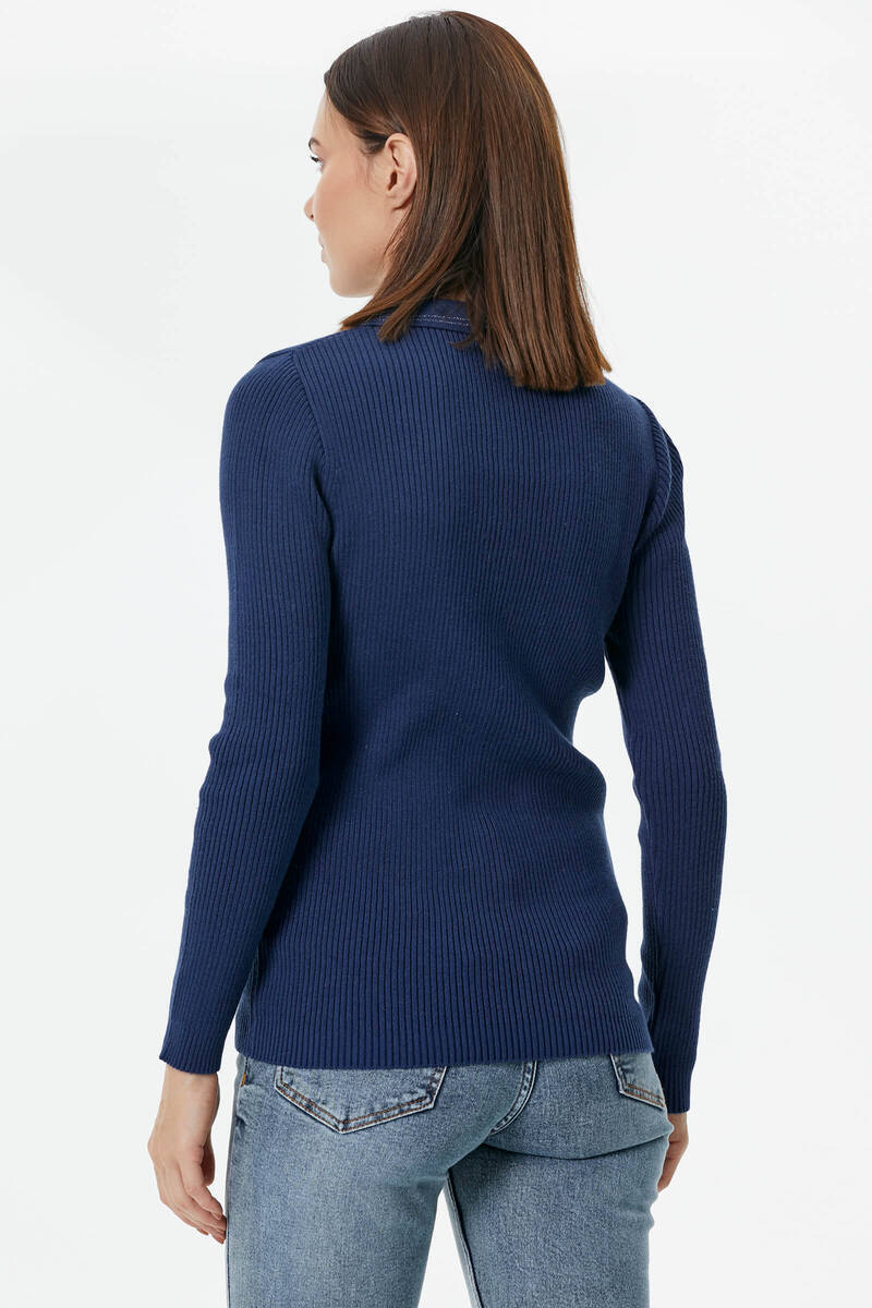 Patlı Polo Yaka Düğmeli Triko Kazak - Lacivert (5) Sementa