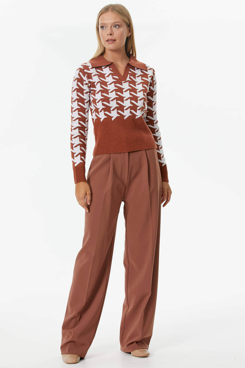 Patlı Polo Yaka Kazayağı Desenli Triko Kazak - Kiremit (3) Sementa