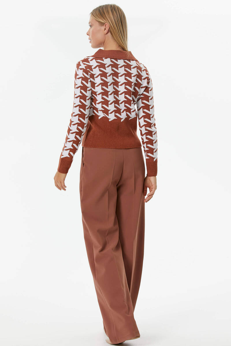 Patlı Polo Yaka Kazayağı Desenli Triko Kazak - Kiremit (4) Sementa