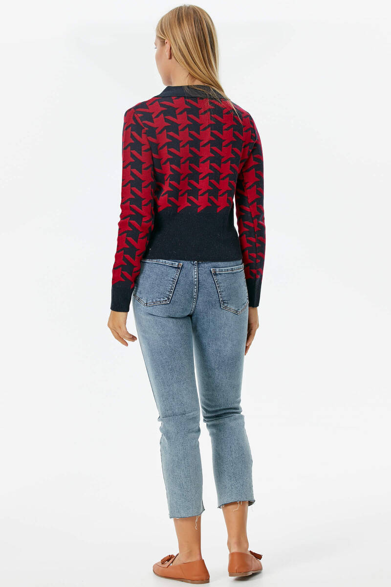 Patlı Polo Yaka Kazayağı Desenli Triko Kazak - Lacivert (4) Sementa