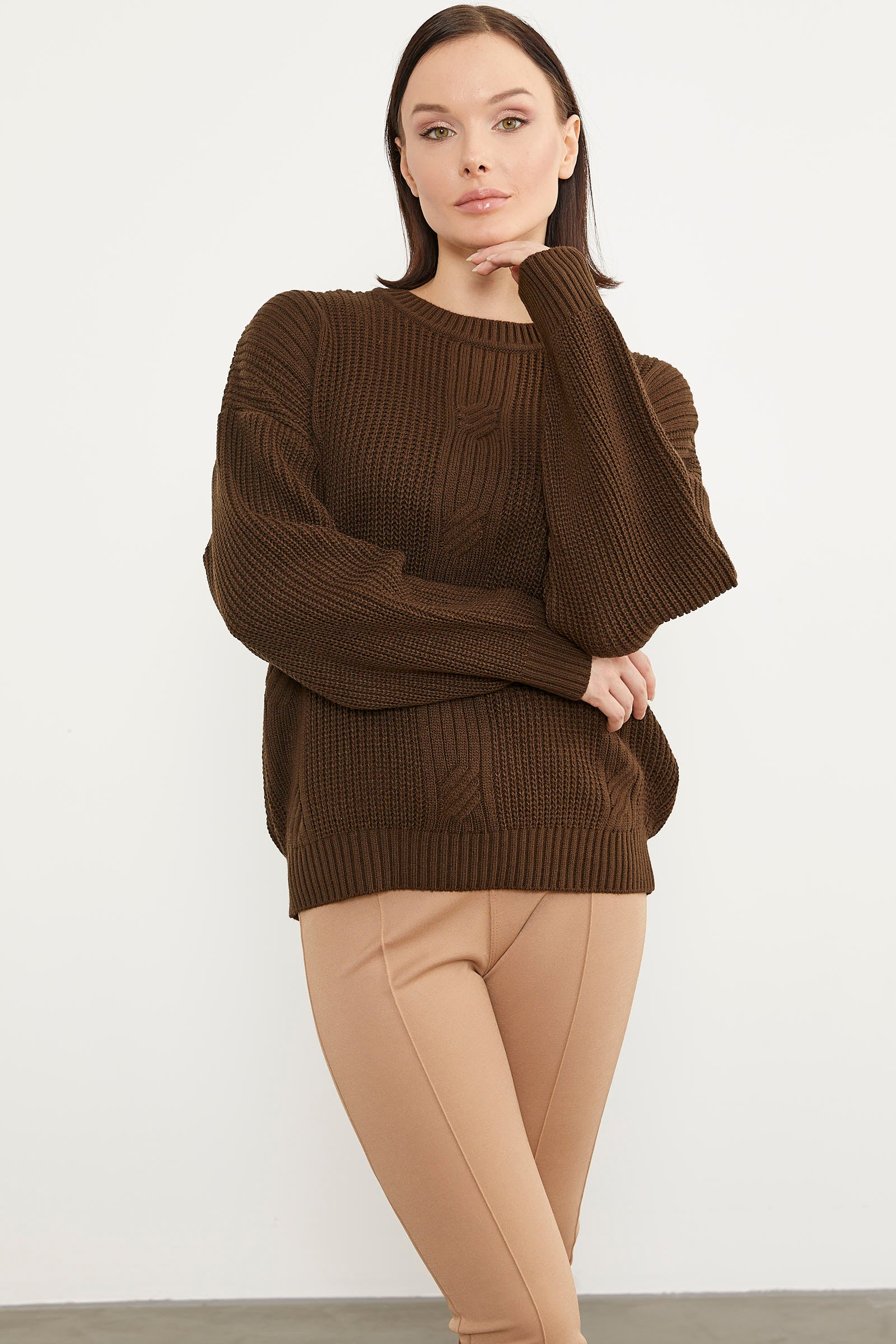 Petek Desenli Oversize Triko Kazak - Kahve (2) Sementa