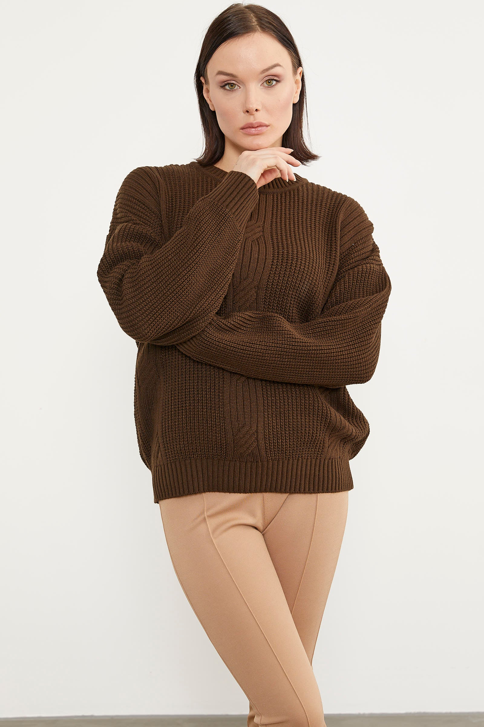 Petek Desenli Oversize Triko Kazak - Kahve (3) Sementa