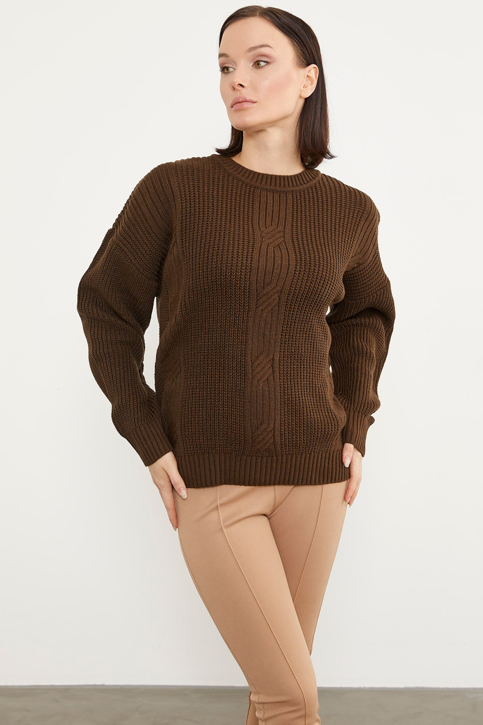 Petek Desenli Oversize Triko Kazak - Kahve (4) Sementa