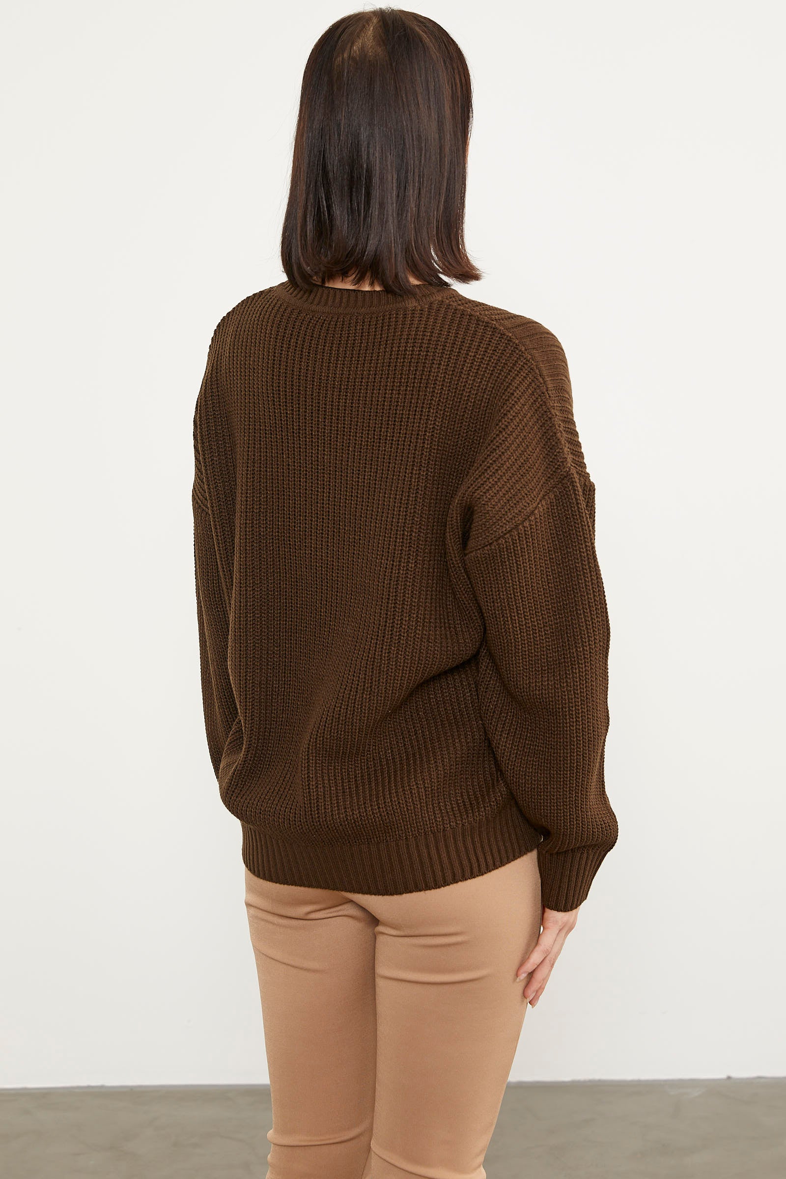 Petek Desenli Oversize Triko Kazak - Kahve (5) Sementa