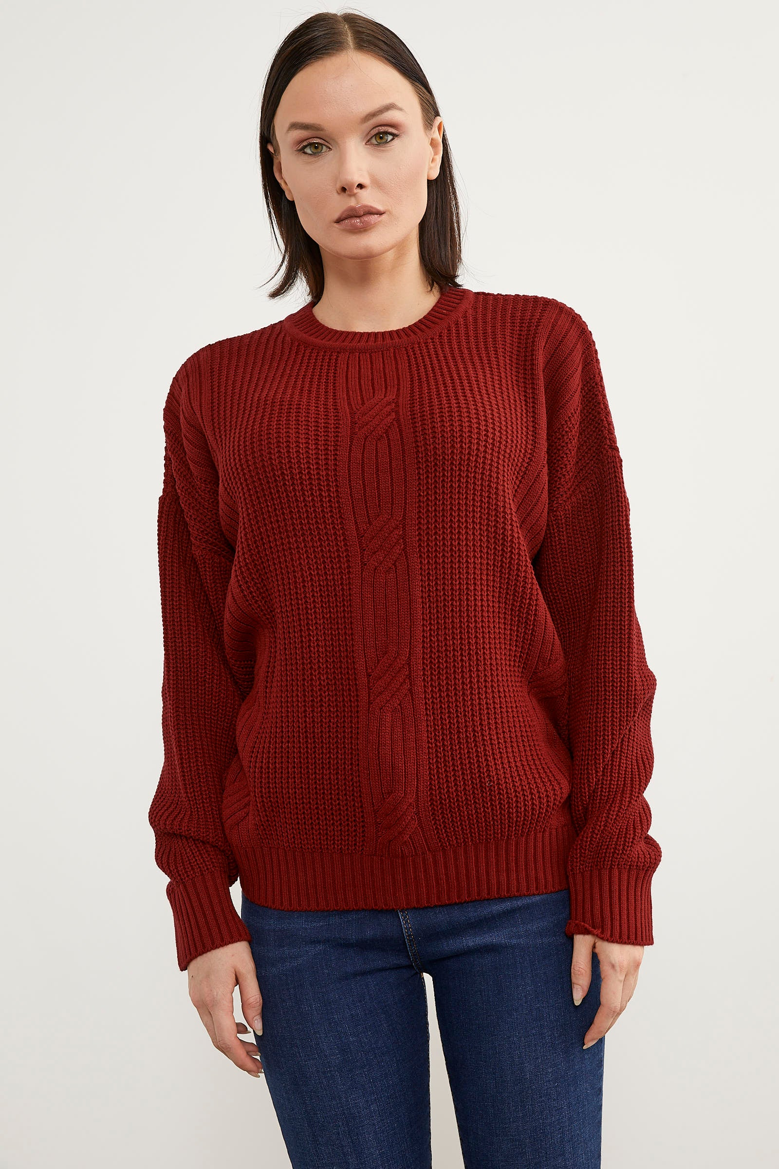 Petek Desenli Oversize Triko Kazak - Kırmızı (1) Sementa