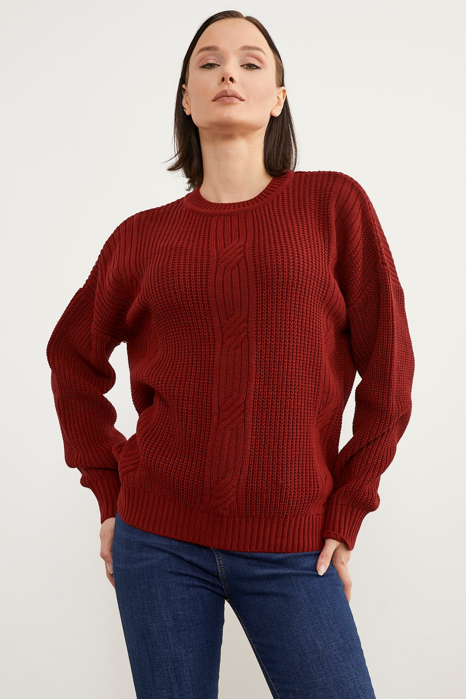 Petek Desenli Oversize Triko Kazak - Kırmızı (2) Sementa