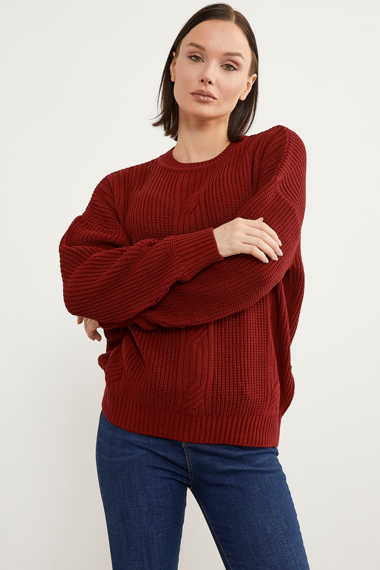 Petek Desenli Oversize Triko Kazak - Kırmızı (4) Sementa