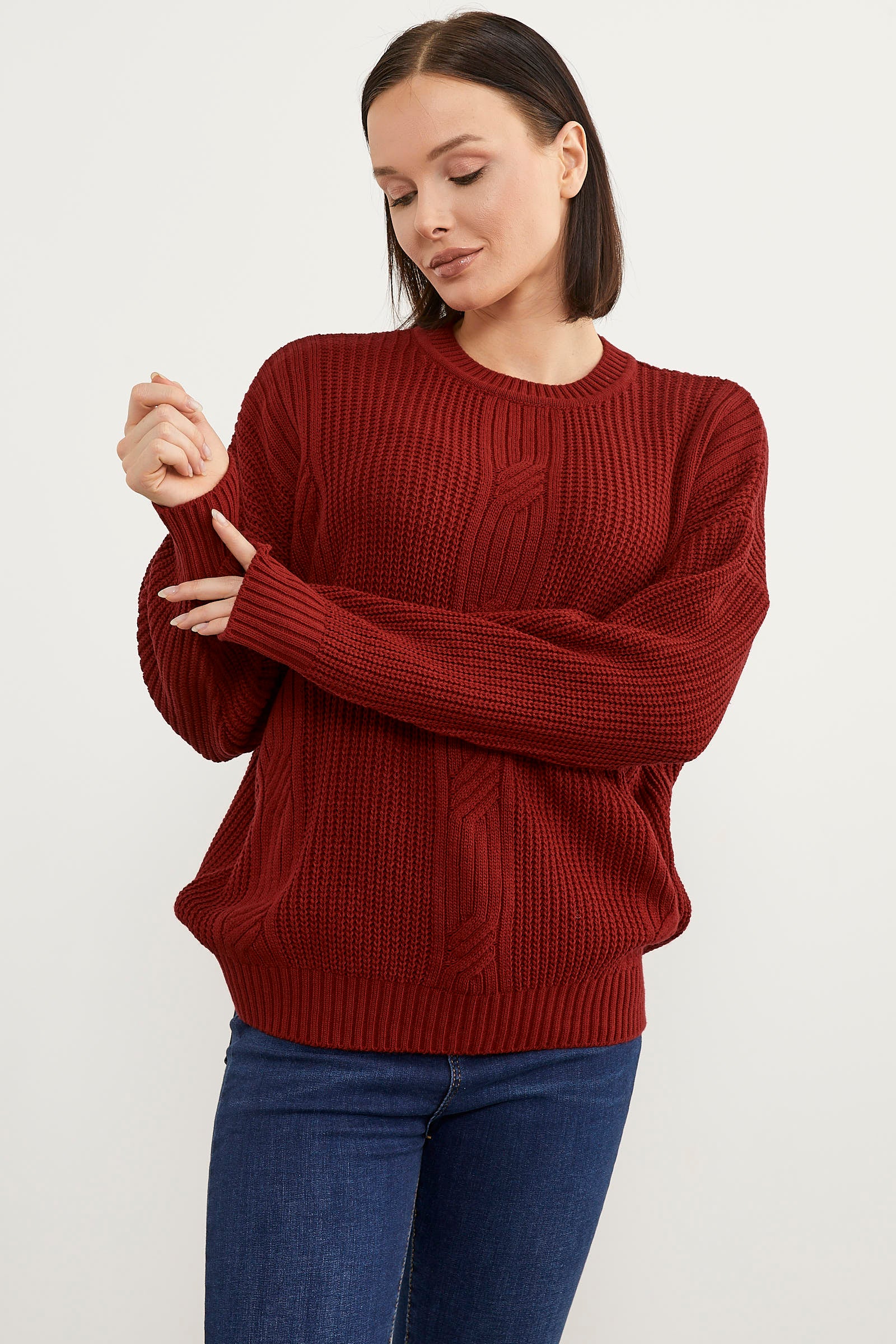 Petek Desenli Oversize Triko Kazak - Kırmızı (5) Sementa