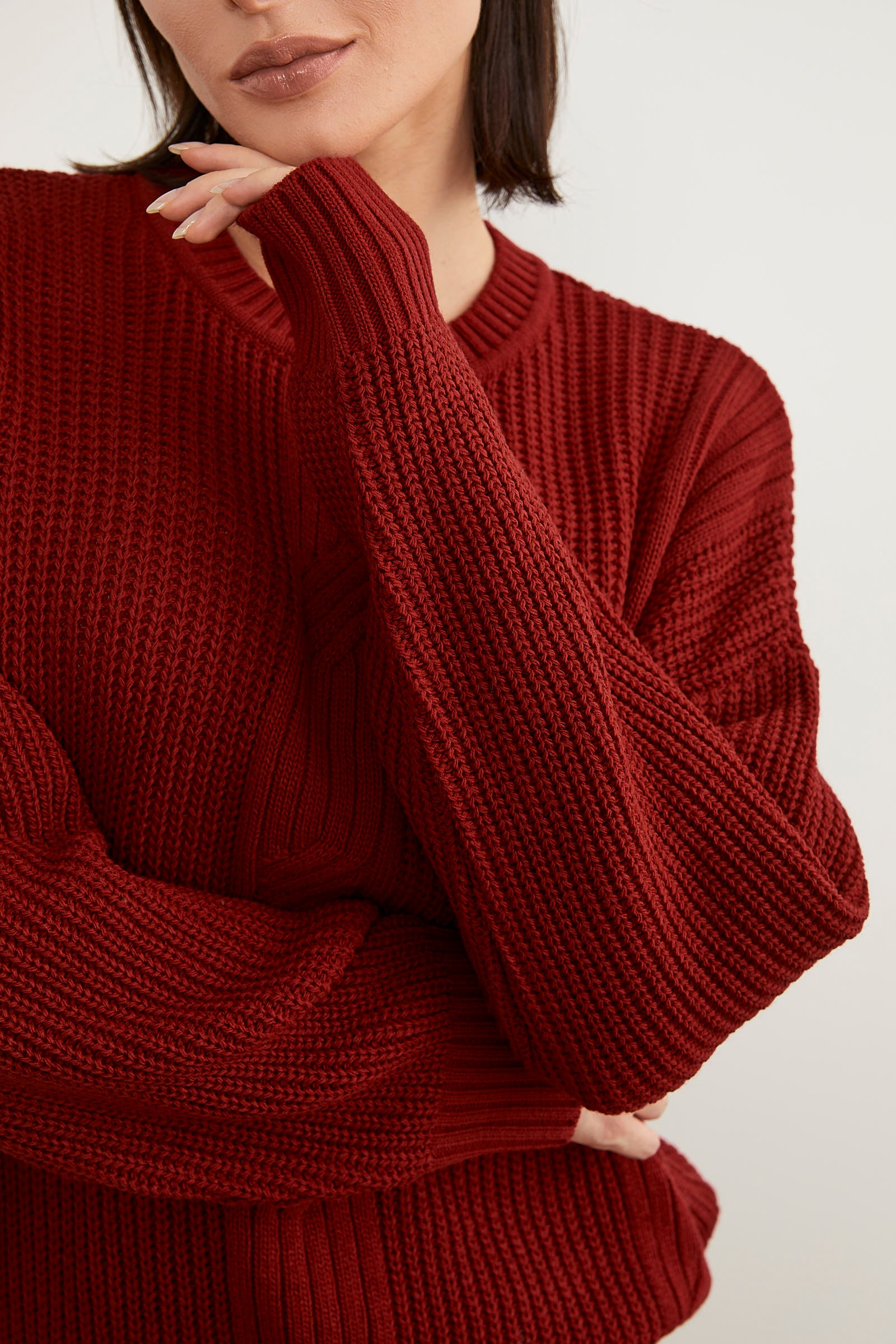 Petek Desenli Oversize Triko Kazak - Kırmızı (7) Sementa