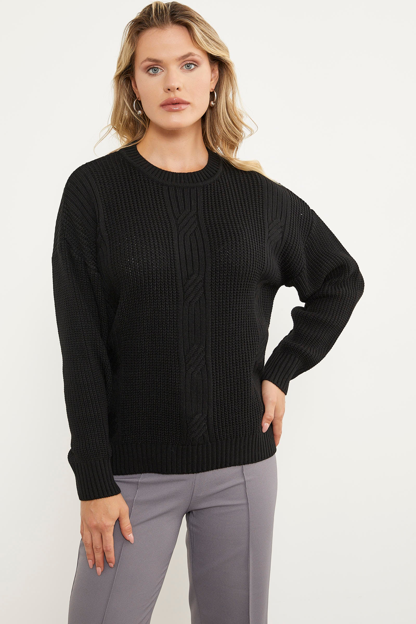 Petek Desenli Oversize Triko Kazak - Siyah (1) Sementa