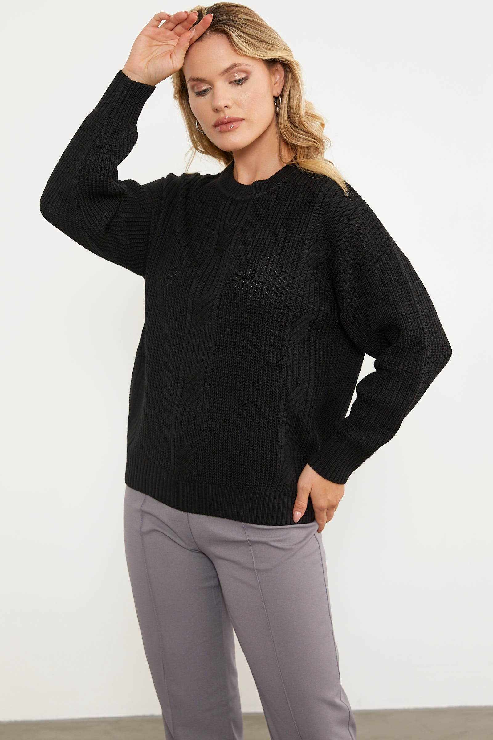 Petek Desenli Oversize Triko Kazak - Siyah (2) Sementa