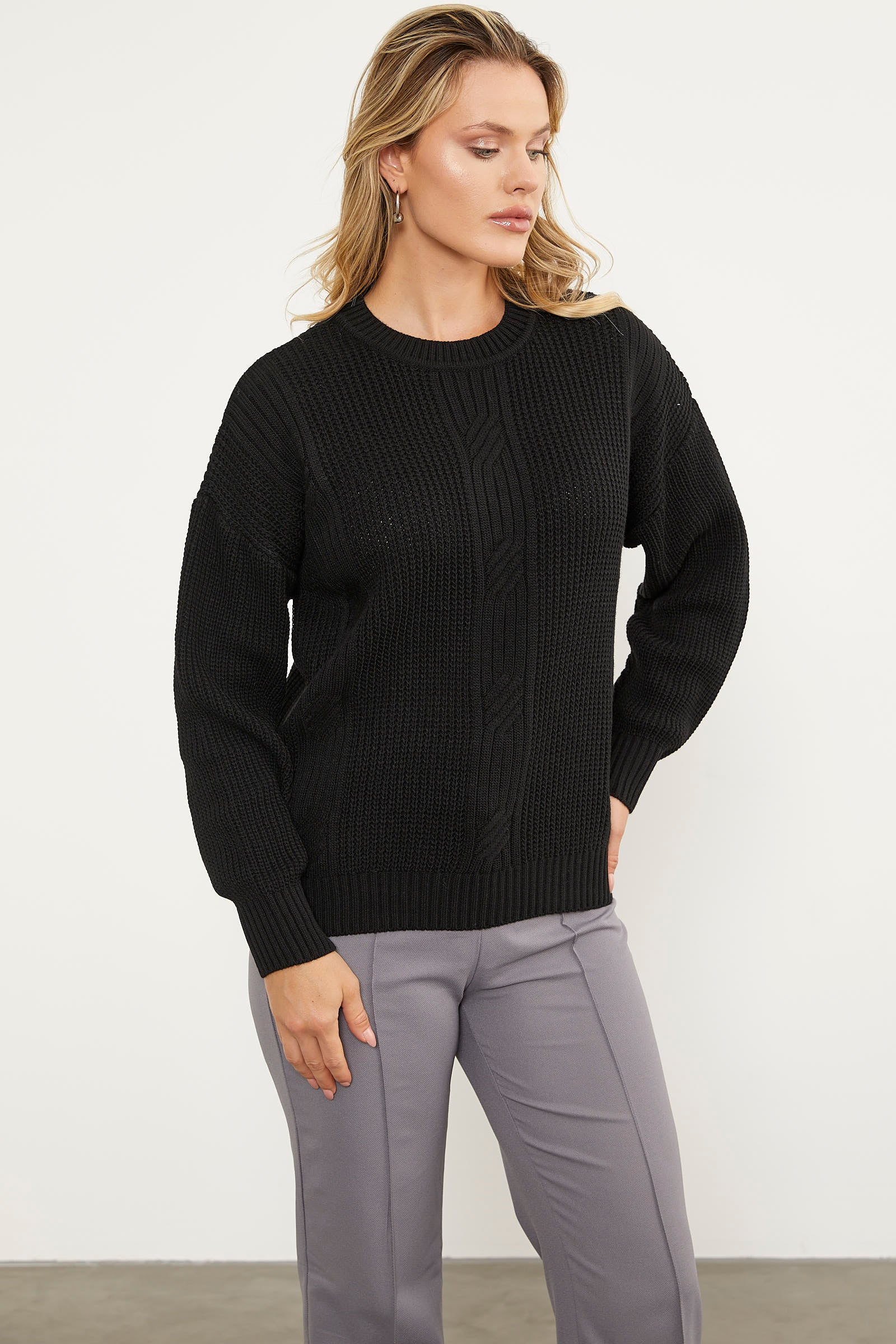 Petek Desenli Oversize Triko Kazak - Siyah (3) Sementa